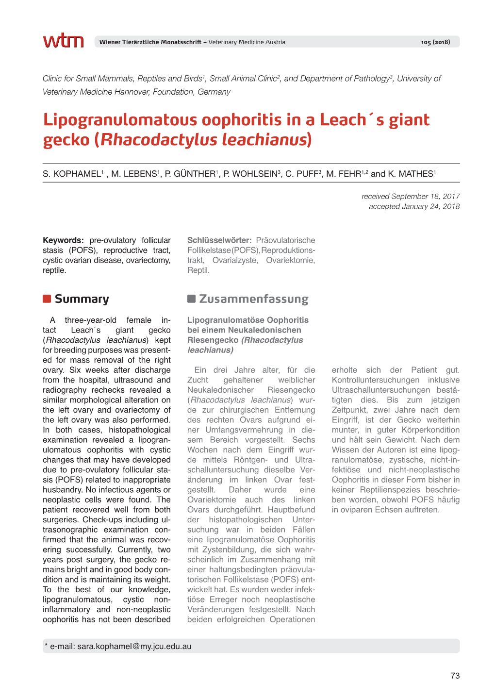 Lipogranulomatous Oophoritis in a Leach´S Giant Gecko (Rhacodactylus Leachianus)