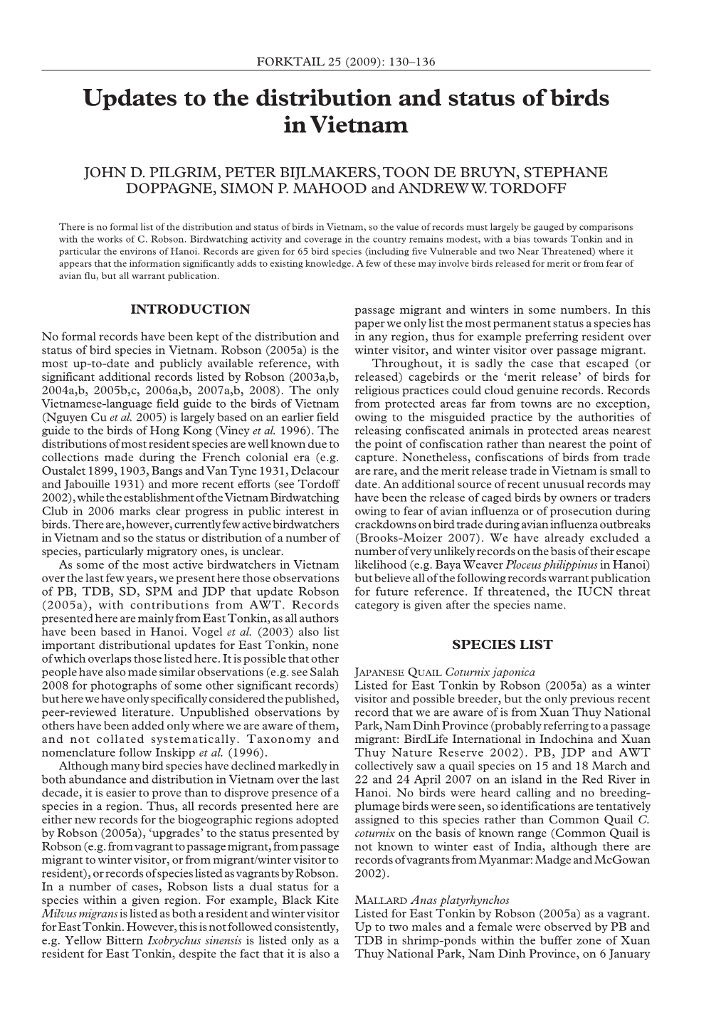 Updates to the Distribution and Status of Birds in Vietnam, FORKTAIL 25