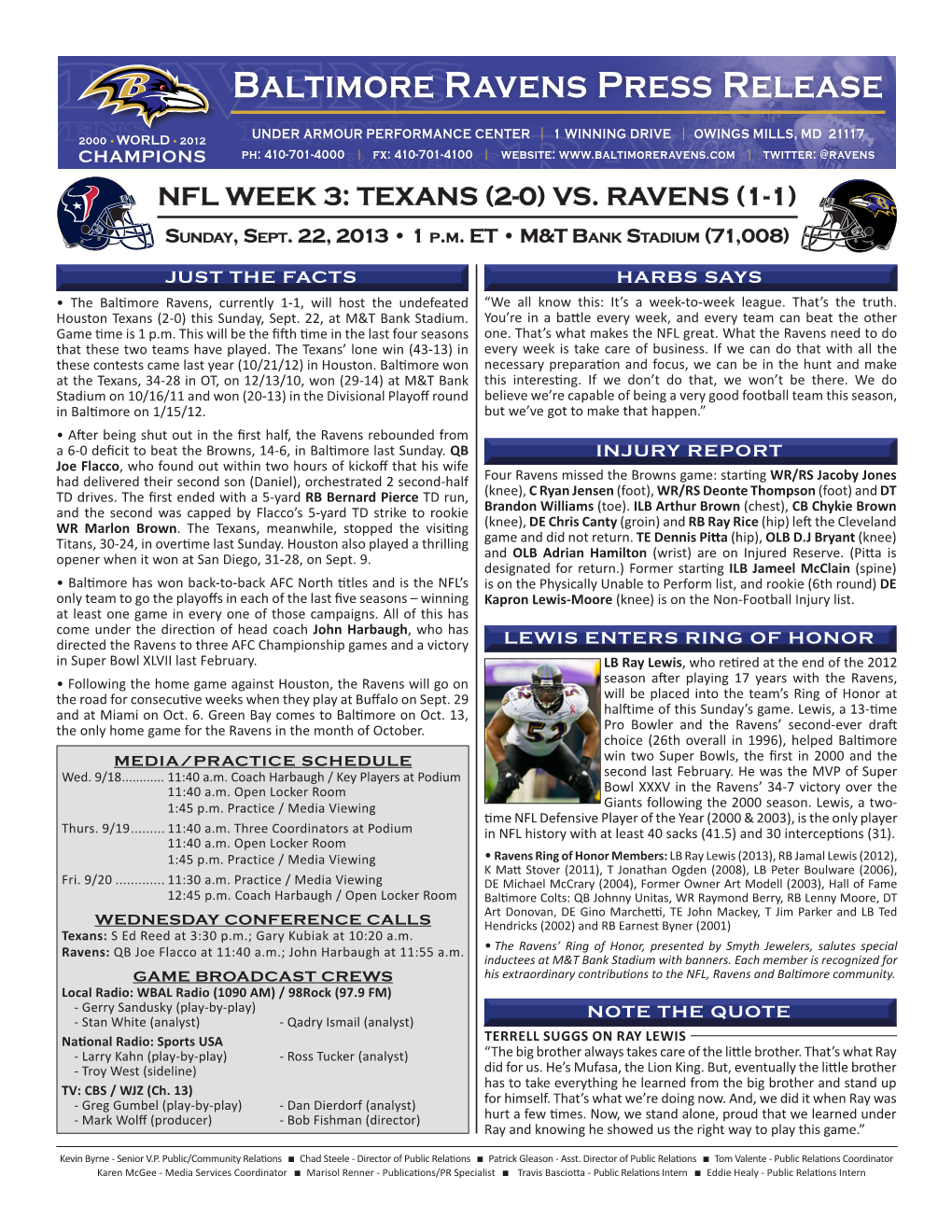 Baltimore Ravens Press Release