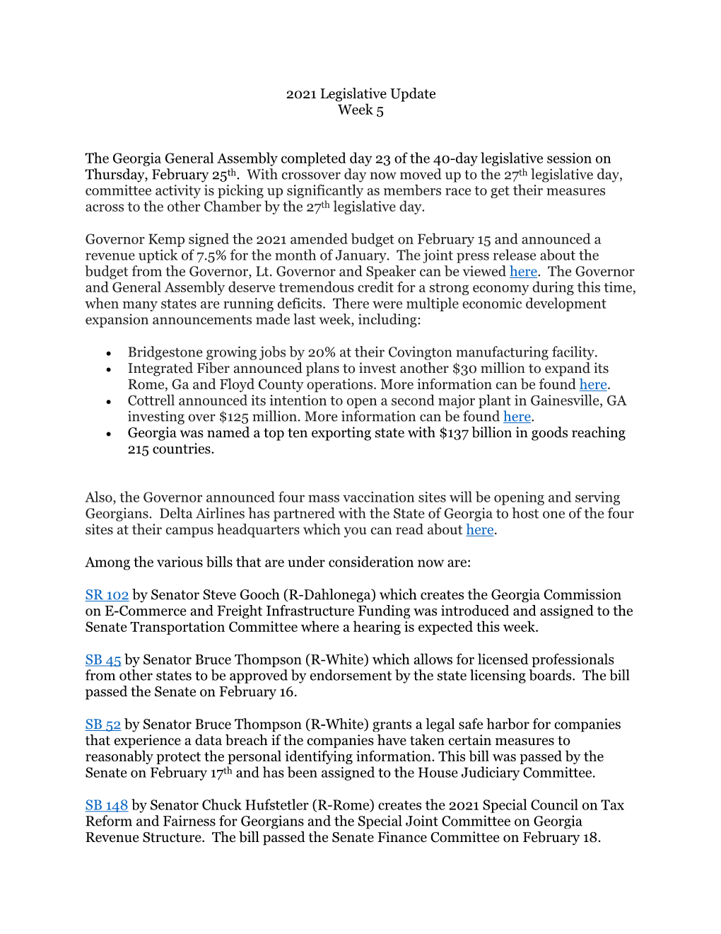 2021 Legislative Update Week 5 the Georgia General Assembly Completed Day 23 of the 40-Day Legislative Session on Thursday, Febr