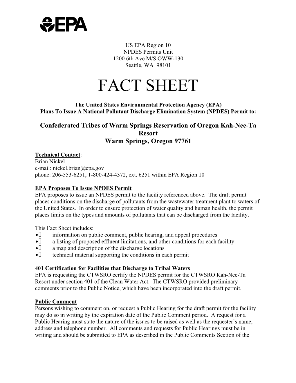 NPDES Permit Fact Sheet, Kah-Nee-Ta Resort, Oregon, #OR0034100