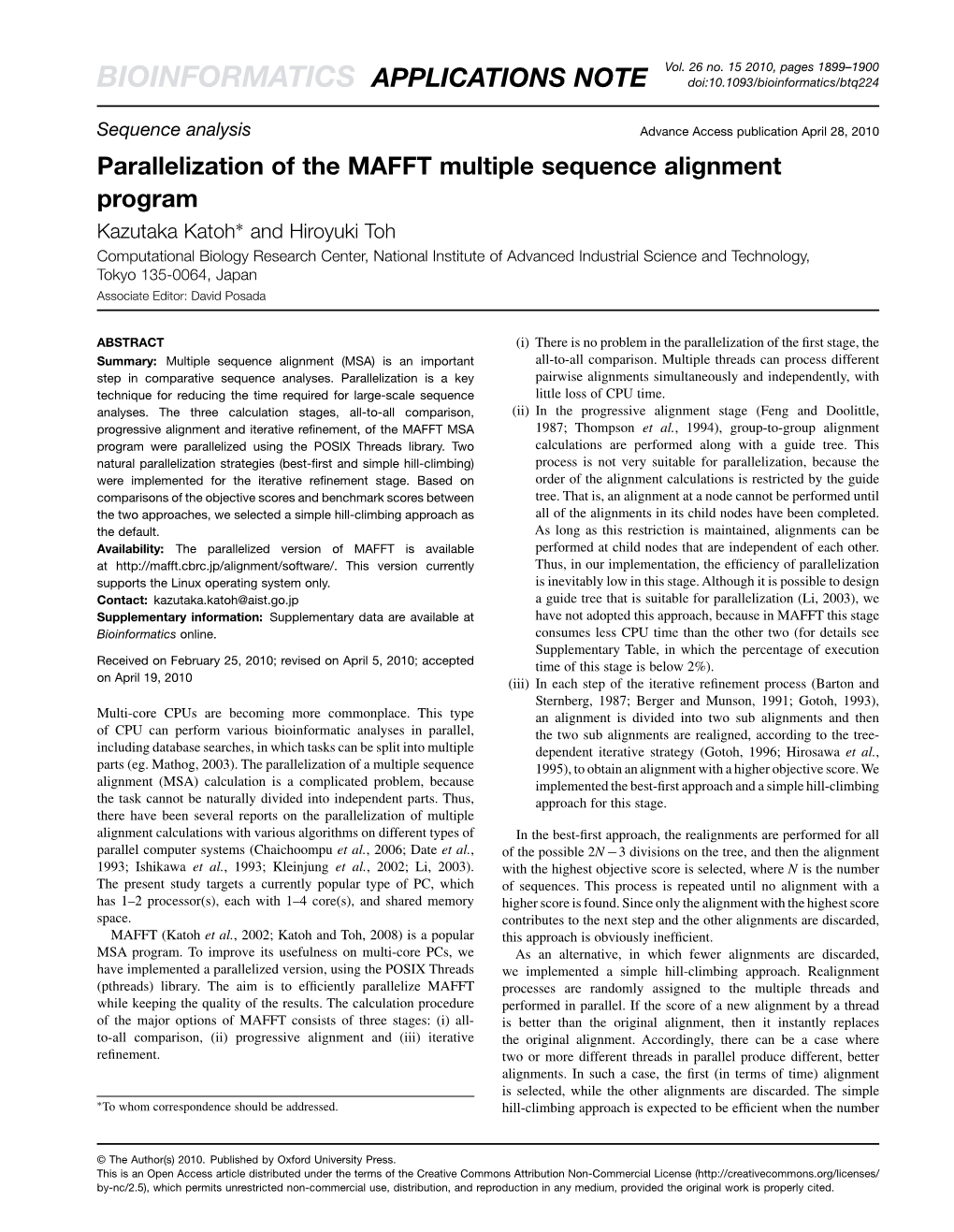 Parallelization of the MAFFT Multiple Sequence Alignment