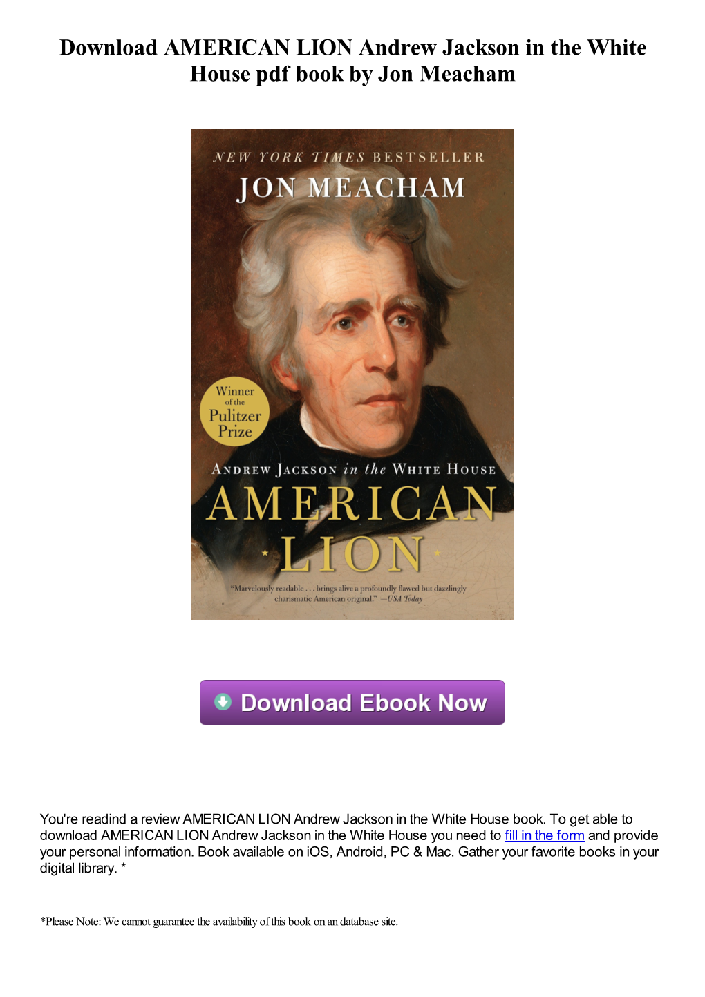 Download AMERICAN LION Andrew Jackson in the White House Pdf Book by Jon Meacham