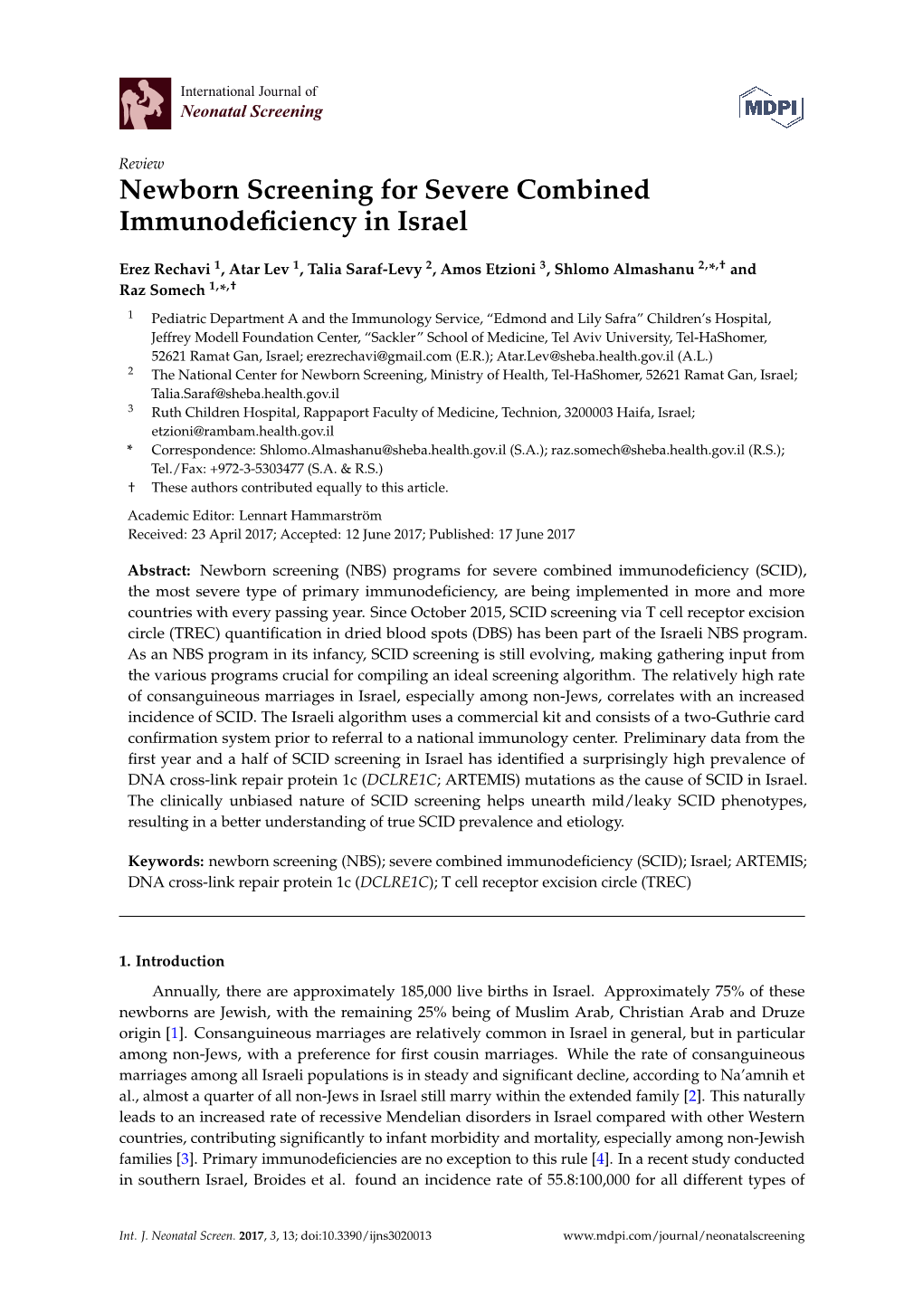 Newborn Screening for Severe Combined Immunodeficiency in Israel