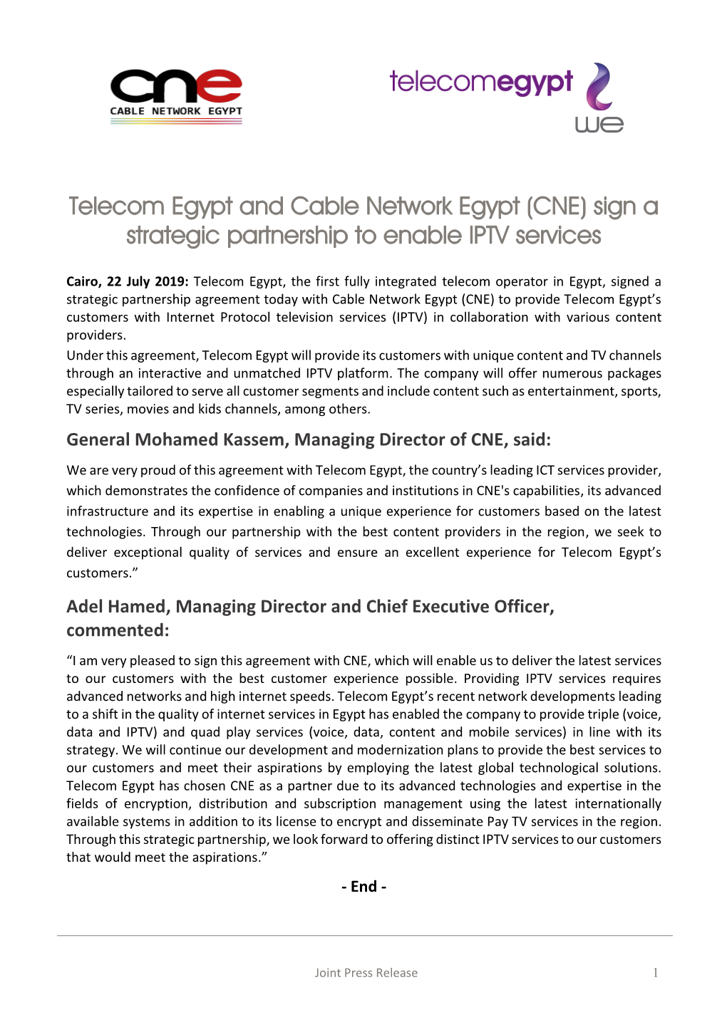 Telecom Egypt and Cable Network Egypt (CNE) Sign a Strategic Partnership to Enable IPTV Services