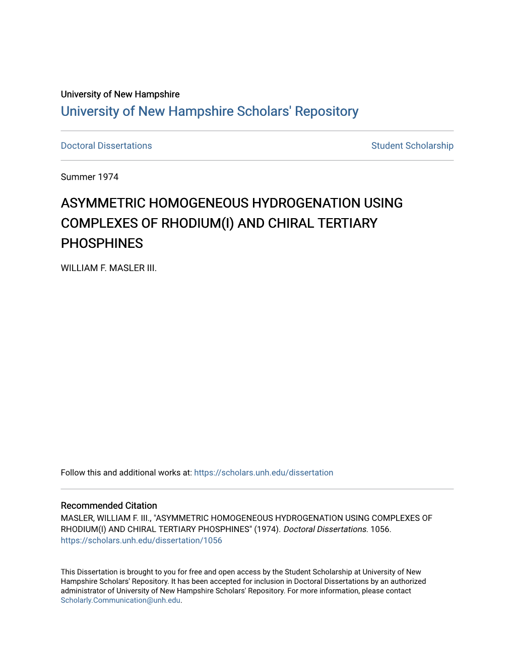 Asymmetric Homogeneous Hydrogenation Using Complexes of Rhodium(I) and Chiral Tertiary Phosphines