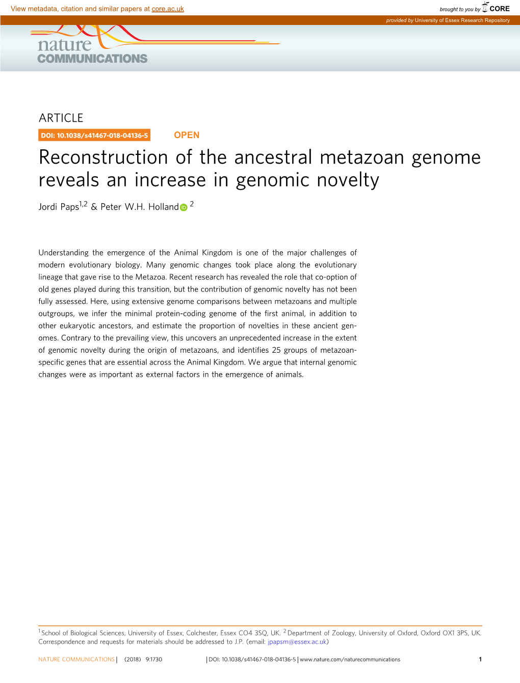 Reconstruction of the Ancestral Metazoan Genome Reveals an Increase in Genomic Novelty