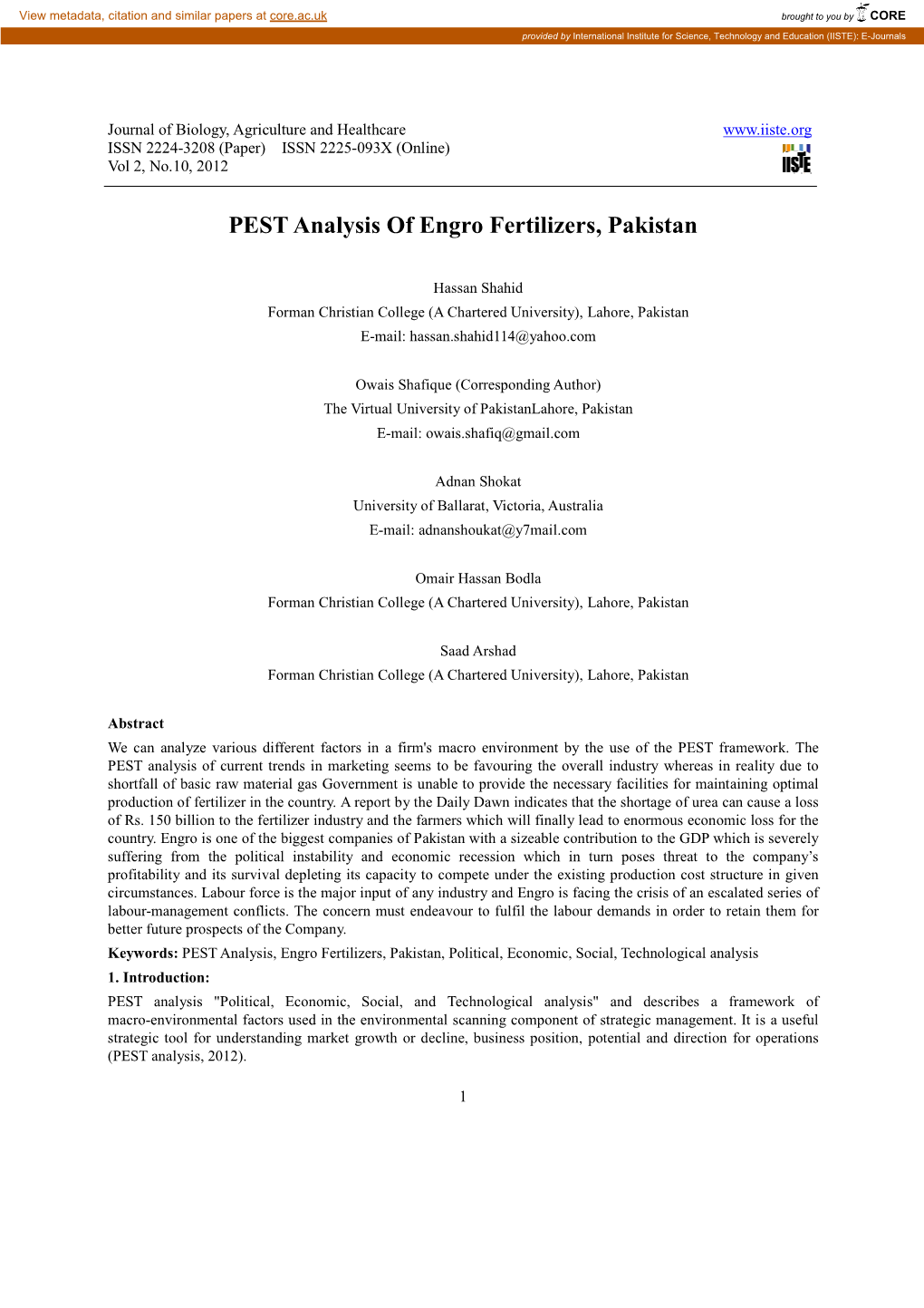 PEST Analysis of Engro Fertilizers, Pakistan