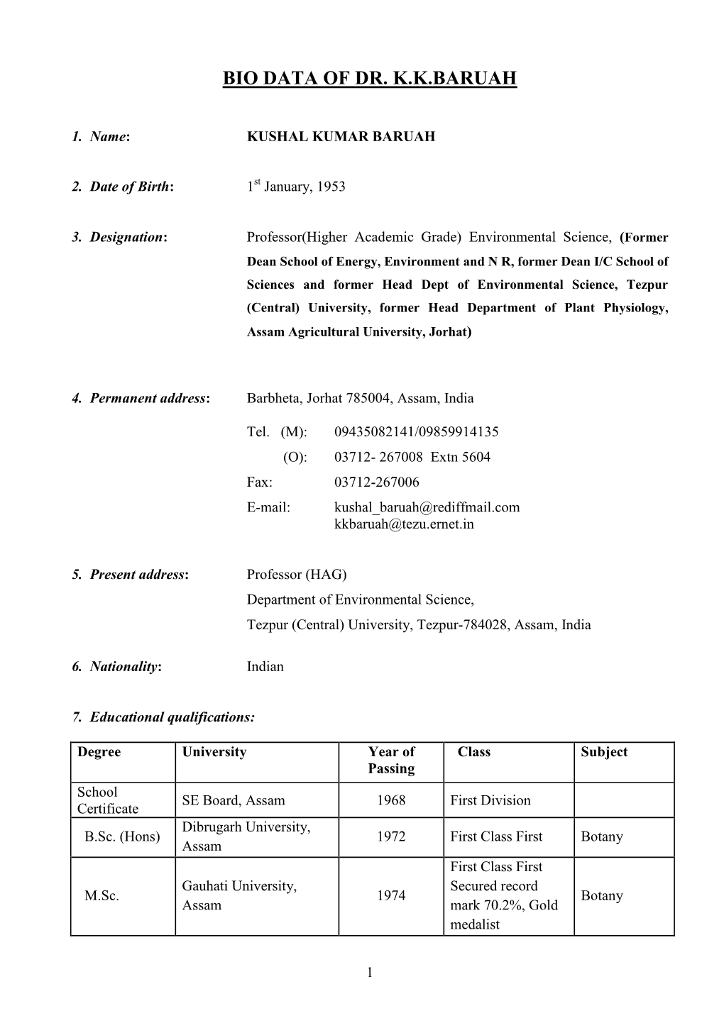 Bio Data of Dr. K.K.Baruah