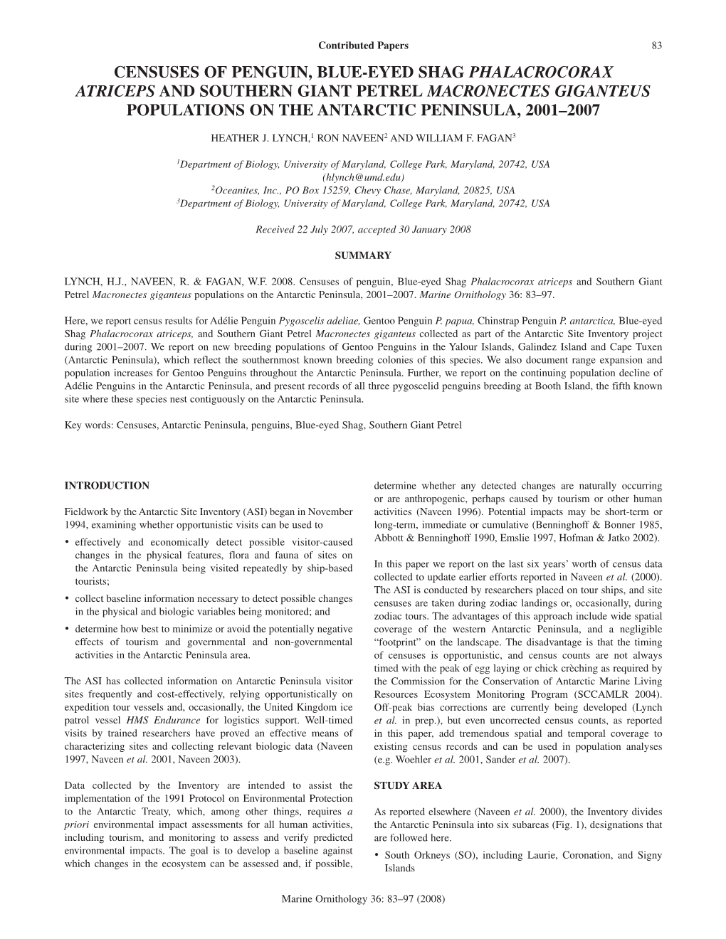 Censuses of Penguin, Blue-Eyed Shag Phalacrocorax Atriceps and Southern Giant Petrel Macronectes Giganteus Populations on the Antarctic Peninsula, 2001–2007