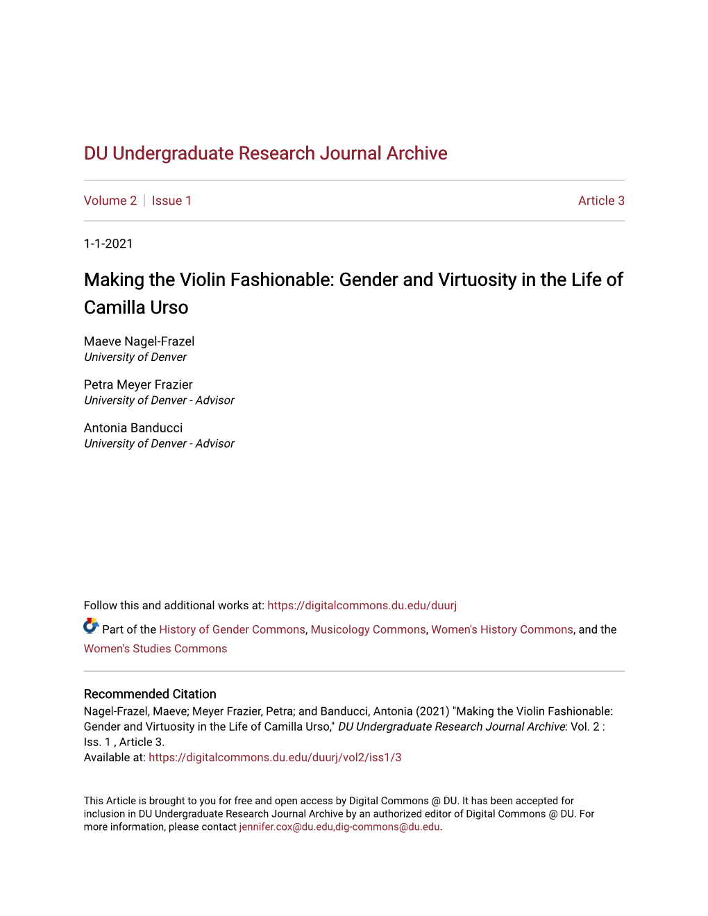 Making the Violin Fashionable: Gender and Virtuosity in the Life of Camilla Urso