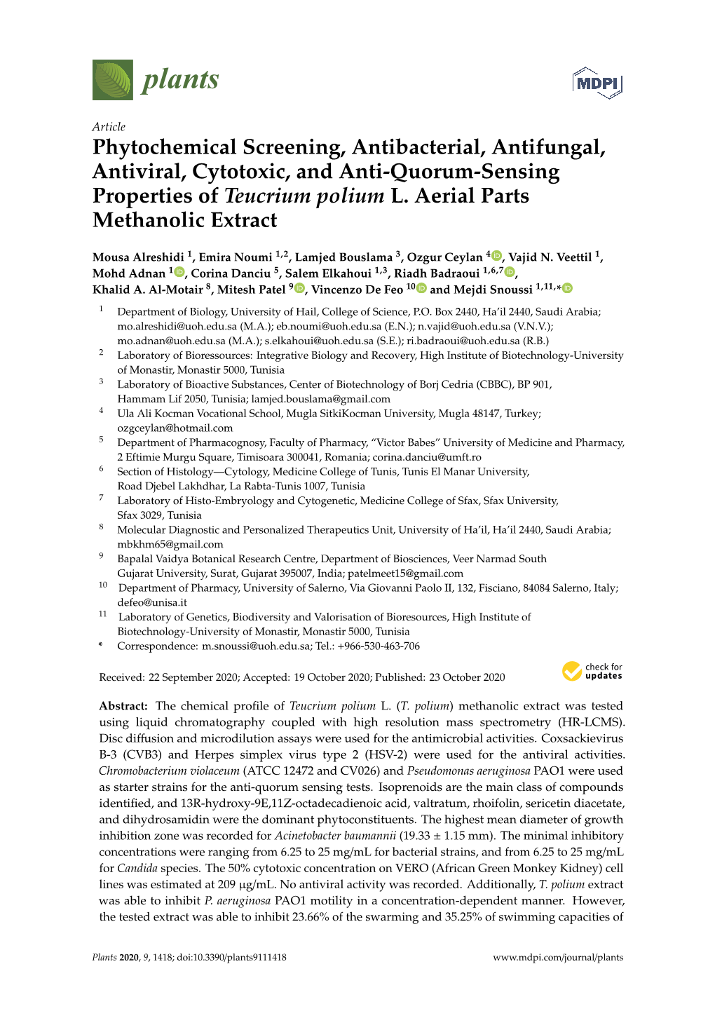 Phytochemical Screening, Antibacterial, Antifungal, Antiviral, Cytotoxic, and Anti-Quorum-Sensing Properties of Teucrium Polium L