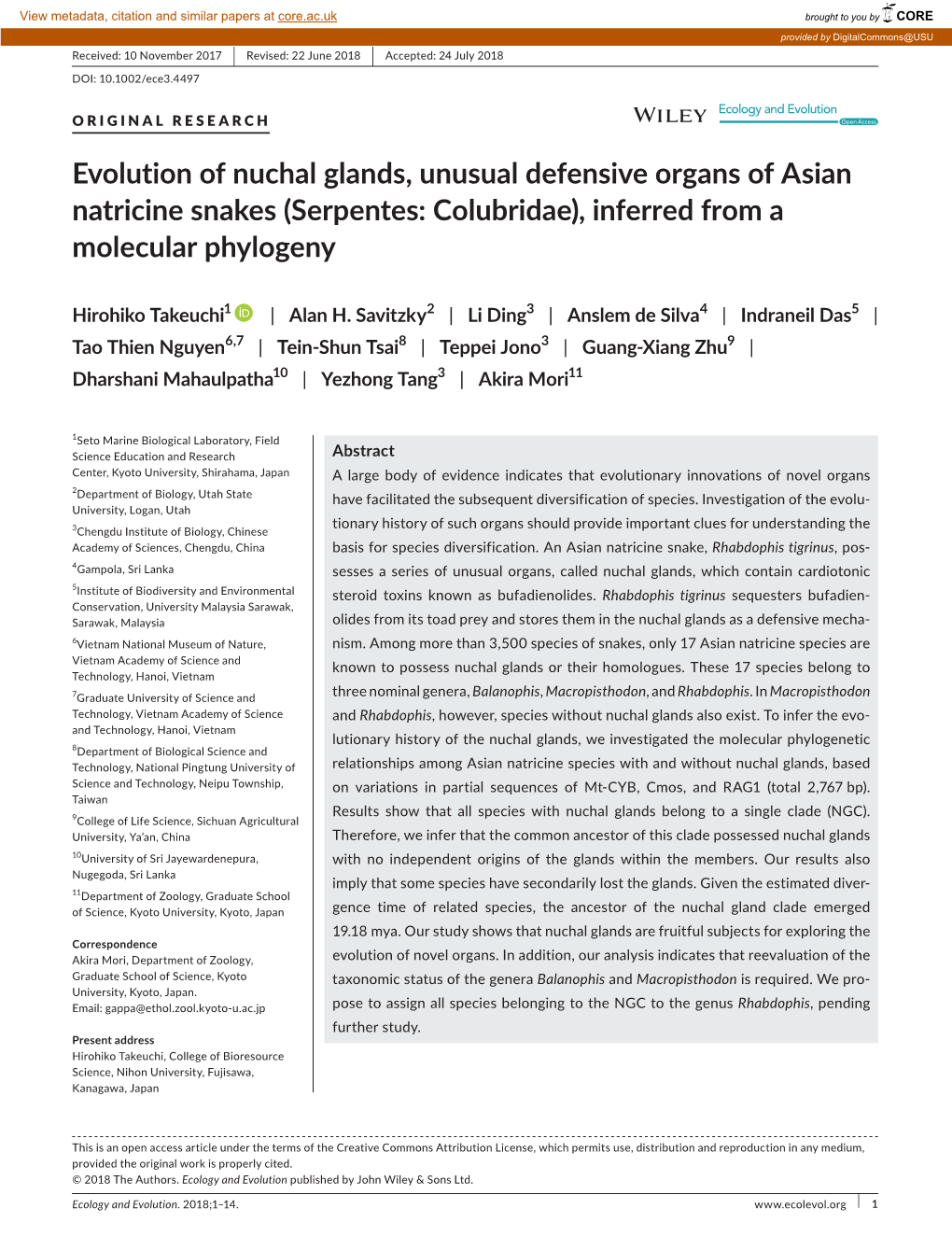 Evolution of Nuchal Glands, Unusual Defensive Organs of Asian Natricine Snakes (Serpentes: Colubridae), Inferred from a Molecular Phylogeny