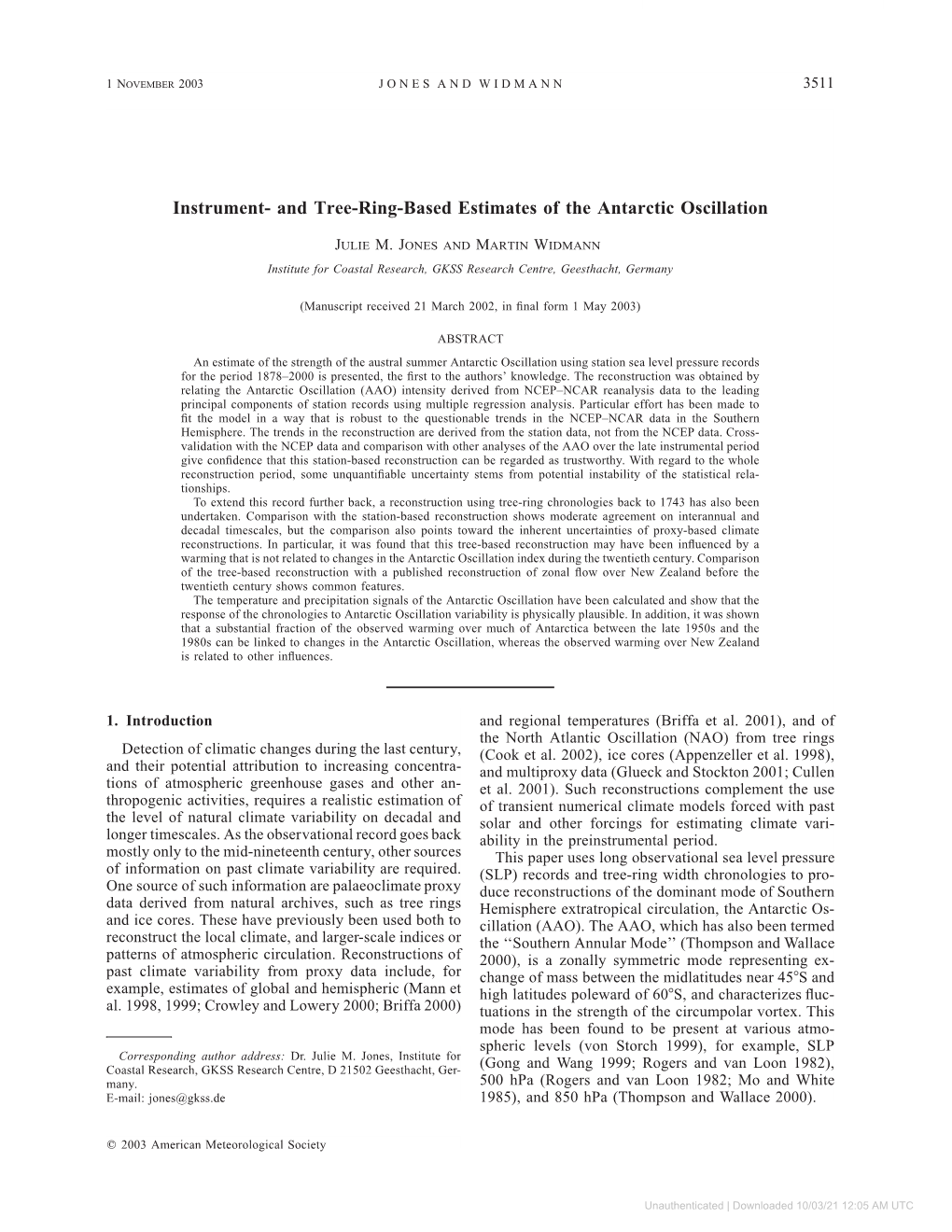 Instrument- and Tree-Ring-Based Estimates of the Antarctic Oscillation