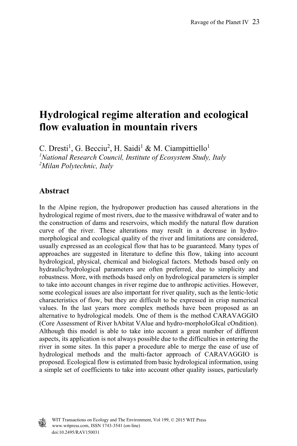 Hydrological Regime Alteration and Ecological Flow Evaluation in Mountain Rivers