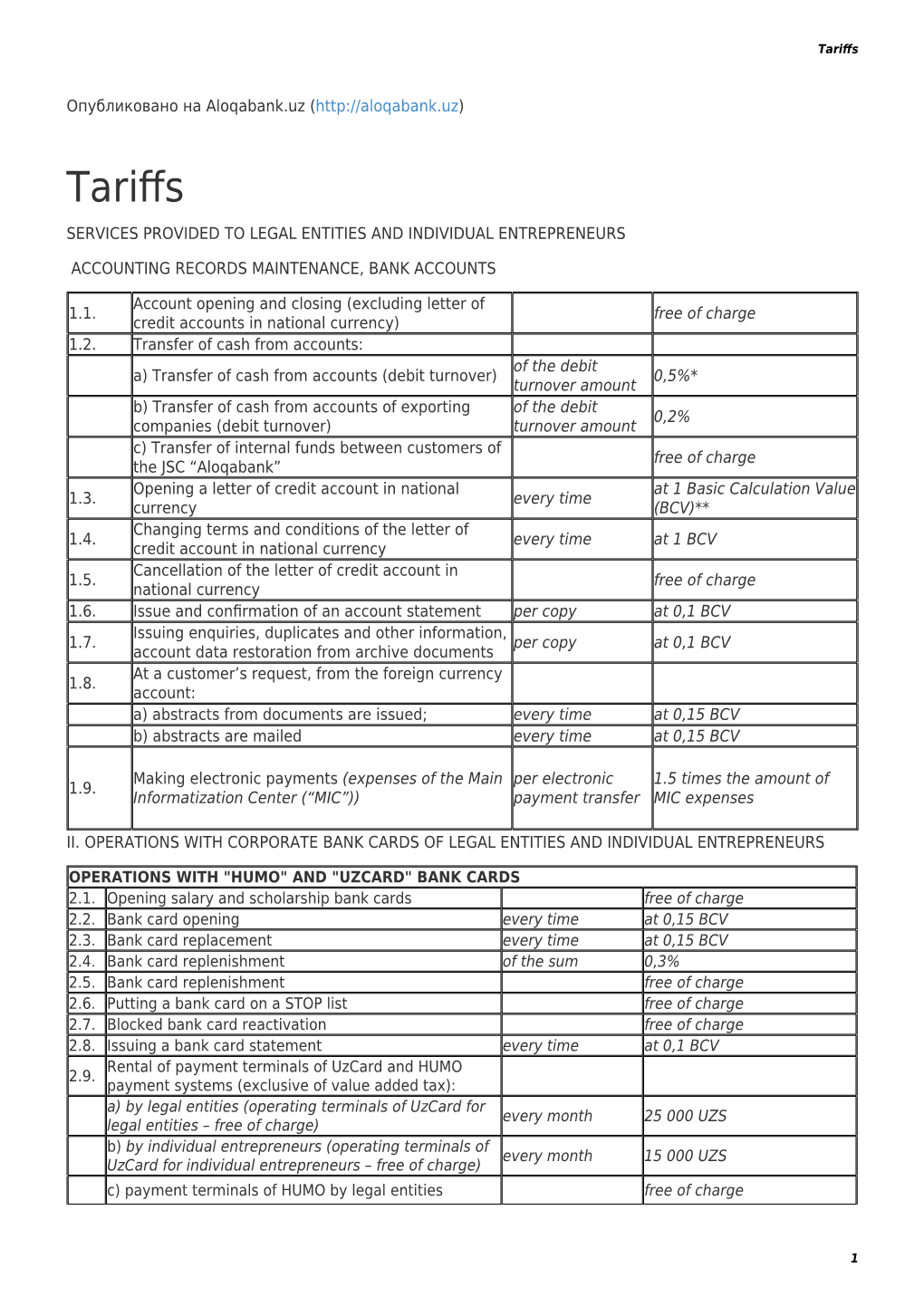 Tariffs for Banking Services Provided to Individuals