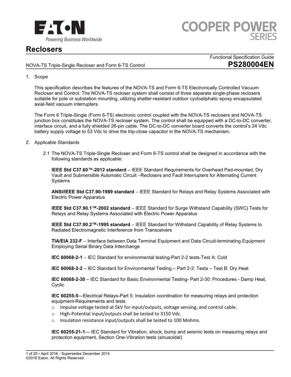 NOVA-TS Triple-Single Recloser and Form 6-TS Control PS280004EN