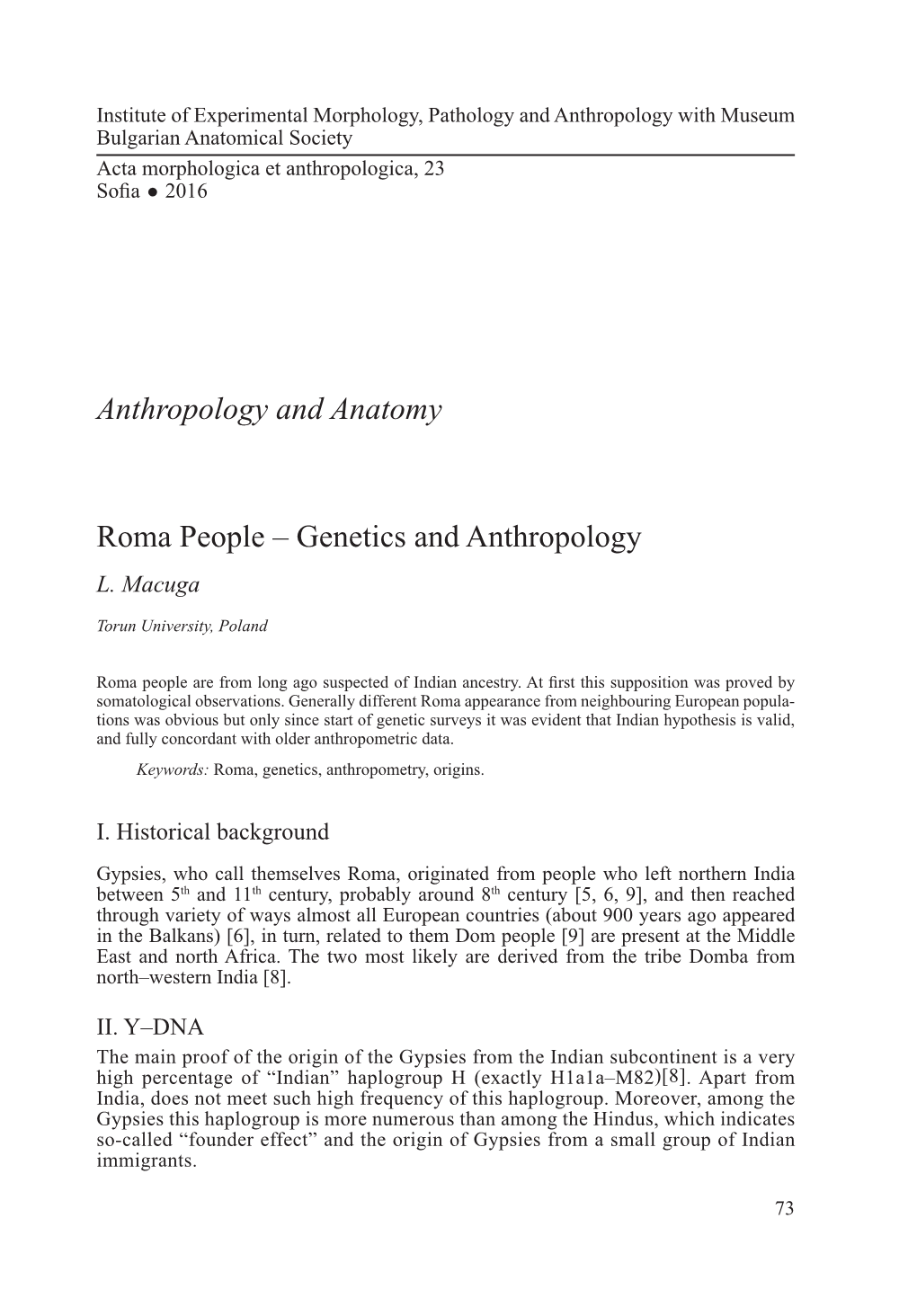 Anthropology and Anatomy Roma People – Genetics and Anthropology