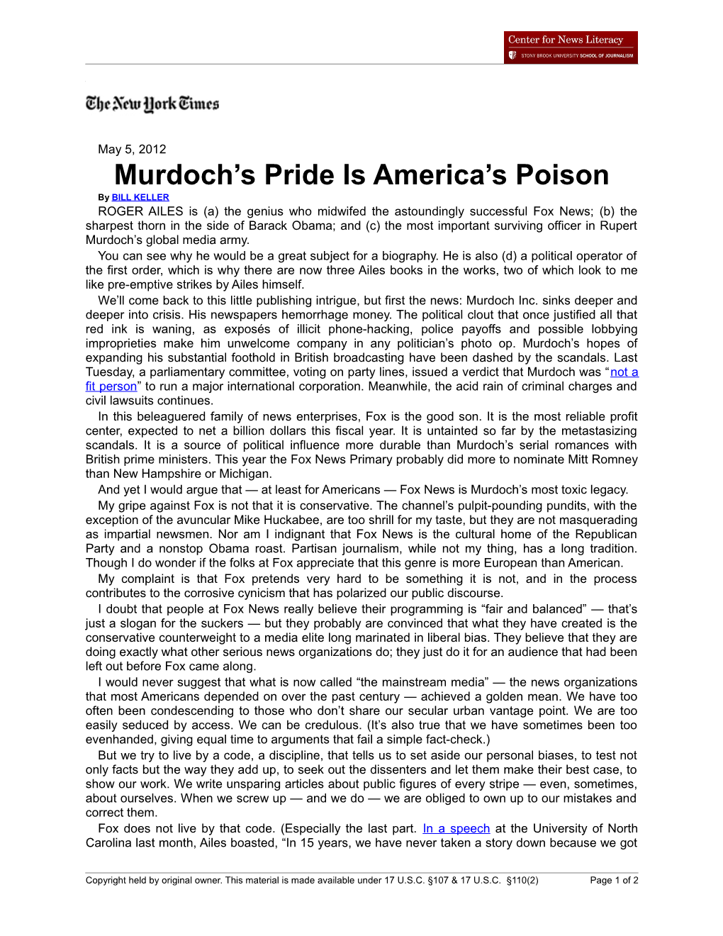 Murdoch's Pride Is America's Poison