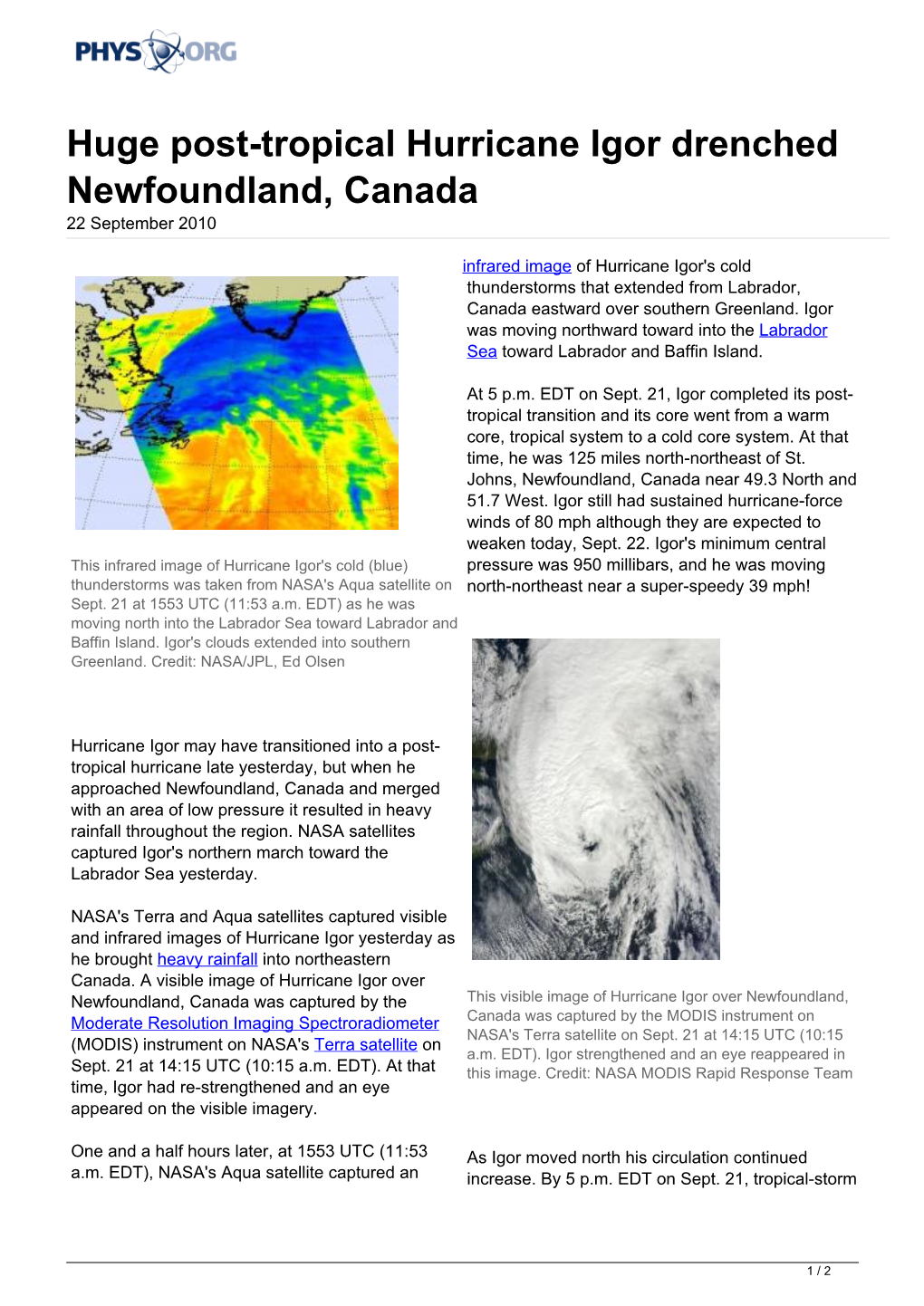 Huge Post-Tropical Hurricane Igor Drenched Newfoundland, Canada 22 September 2010