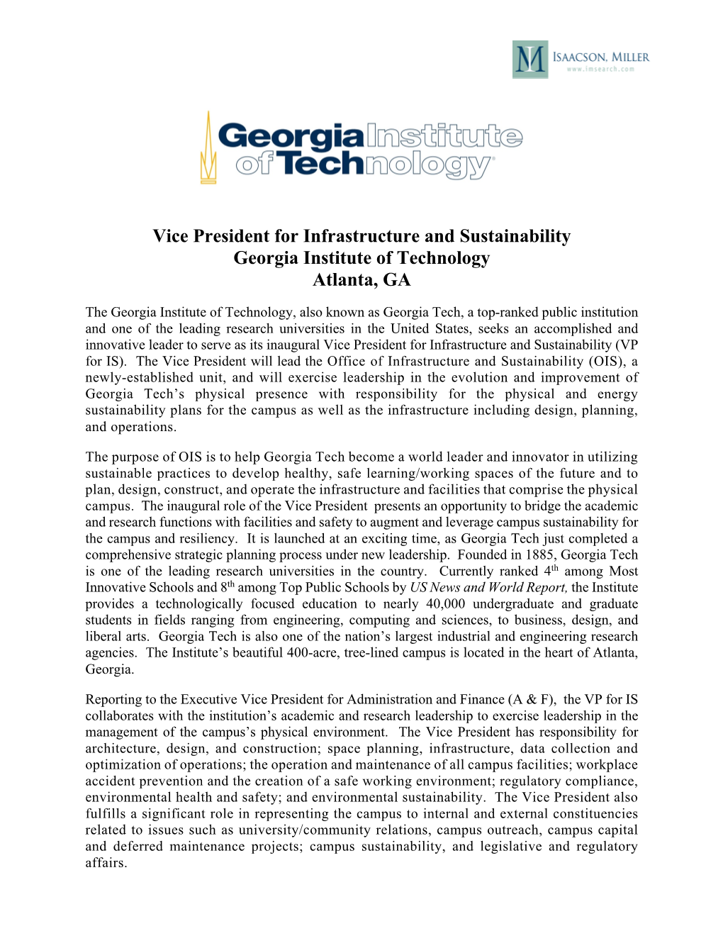 Vice President for Infrastructure and Sustainability Georgia Institute of Technology Atlanta, GA