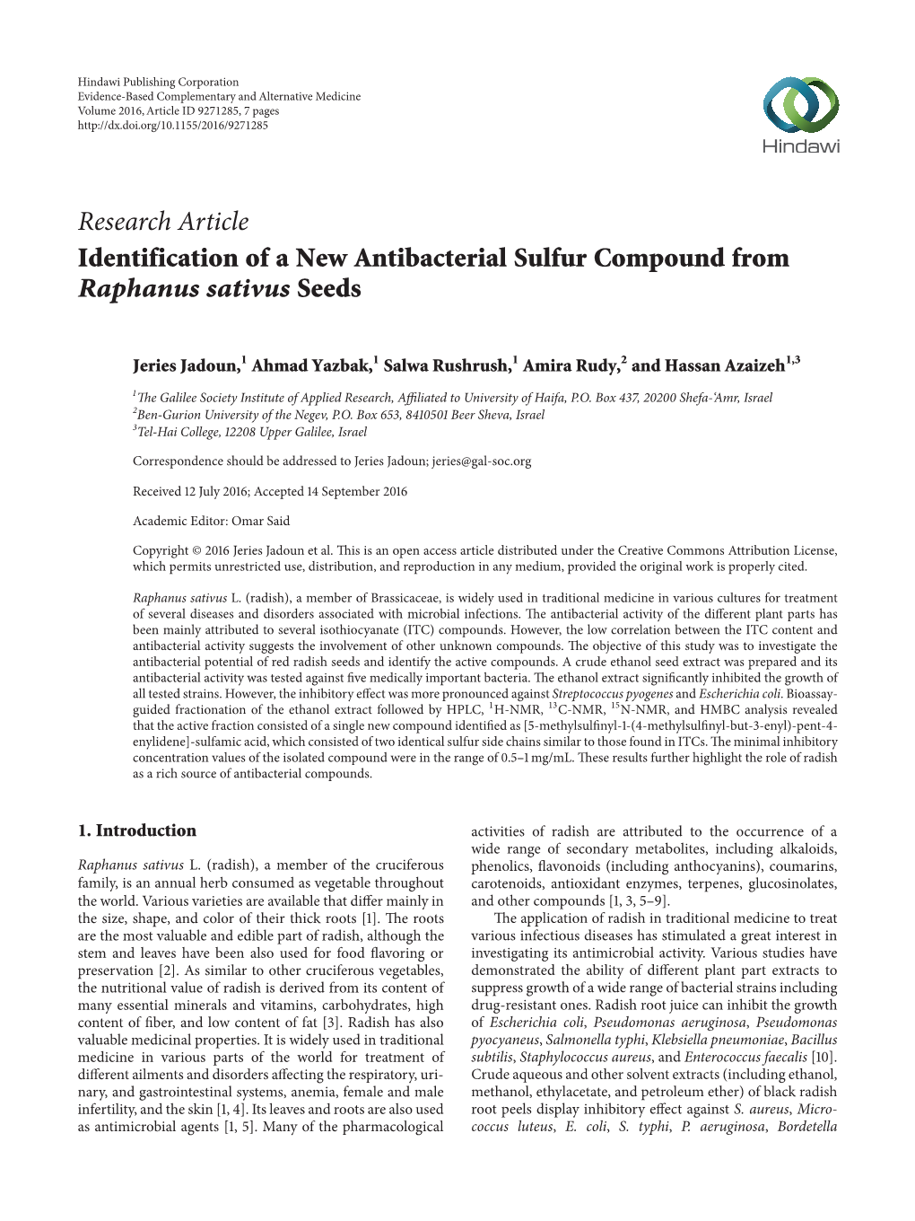 Research Article Identification of a New Antibacterial Sulfur Compound from Raphanus Sativus Seeds