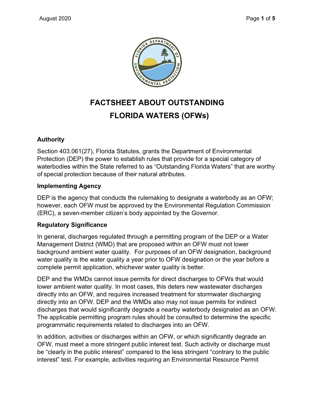 FACTSHEET ABOUT OUTSTANDING FLORIDA WATERS (Ofws)