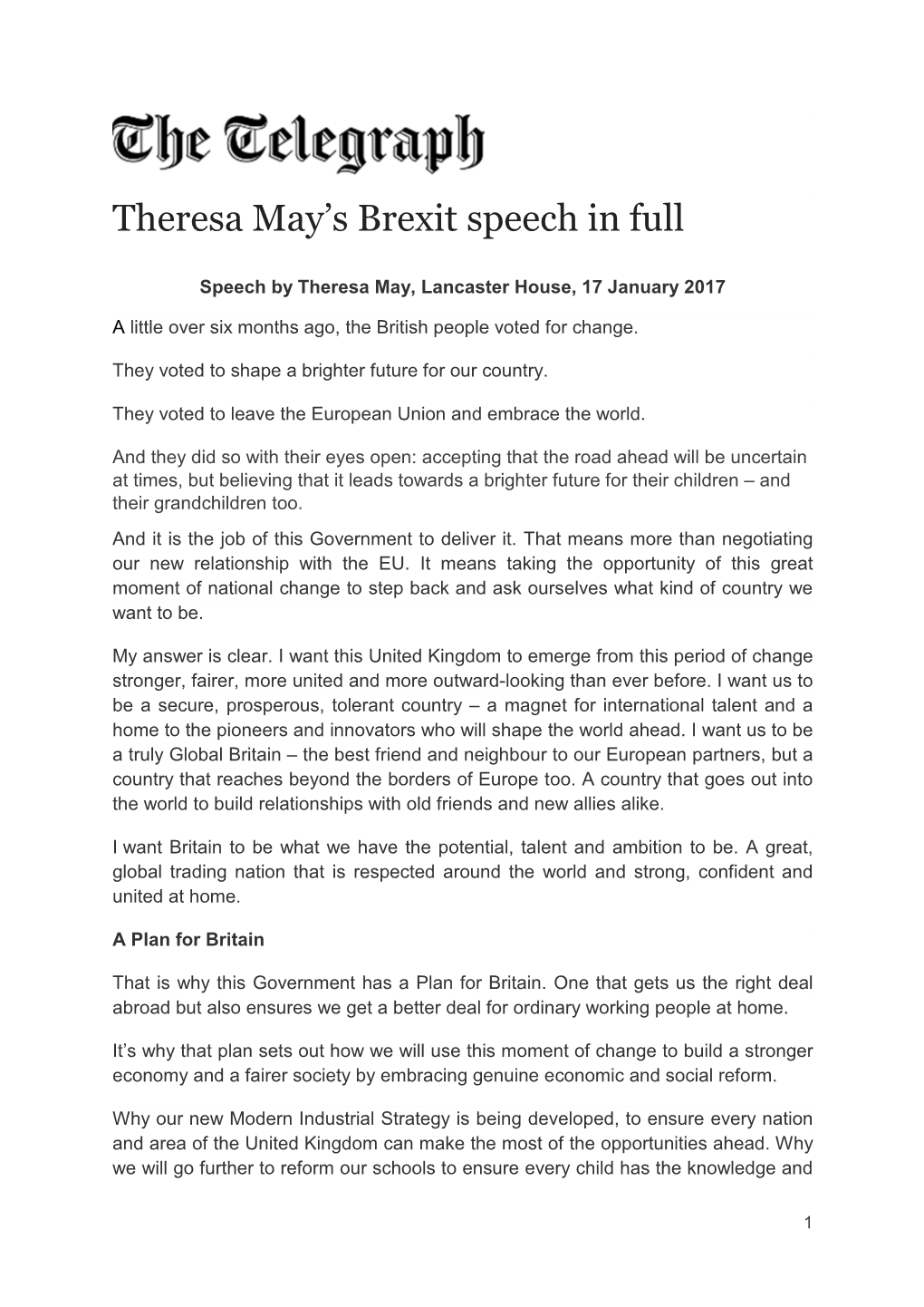 Theresa May's Brexit Speech in Full