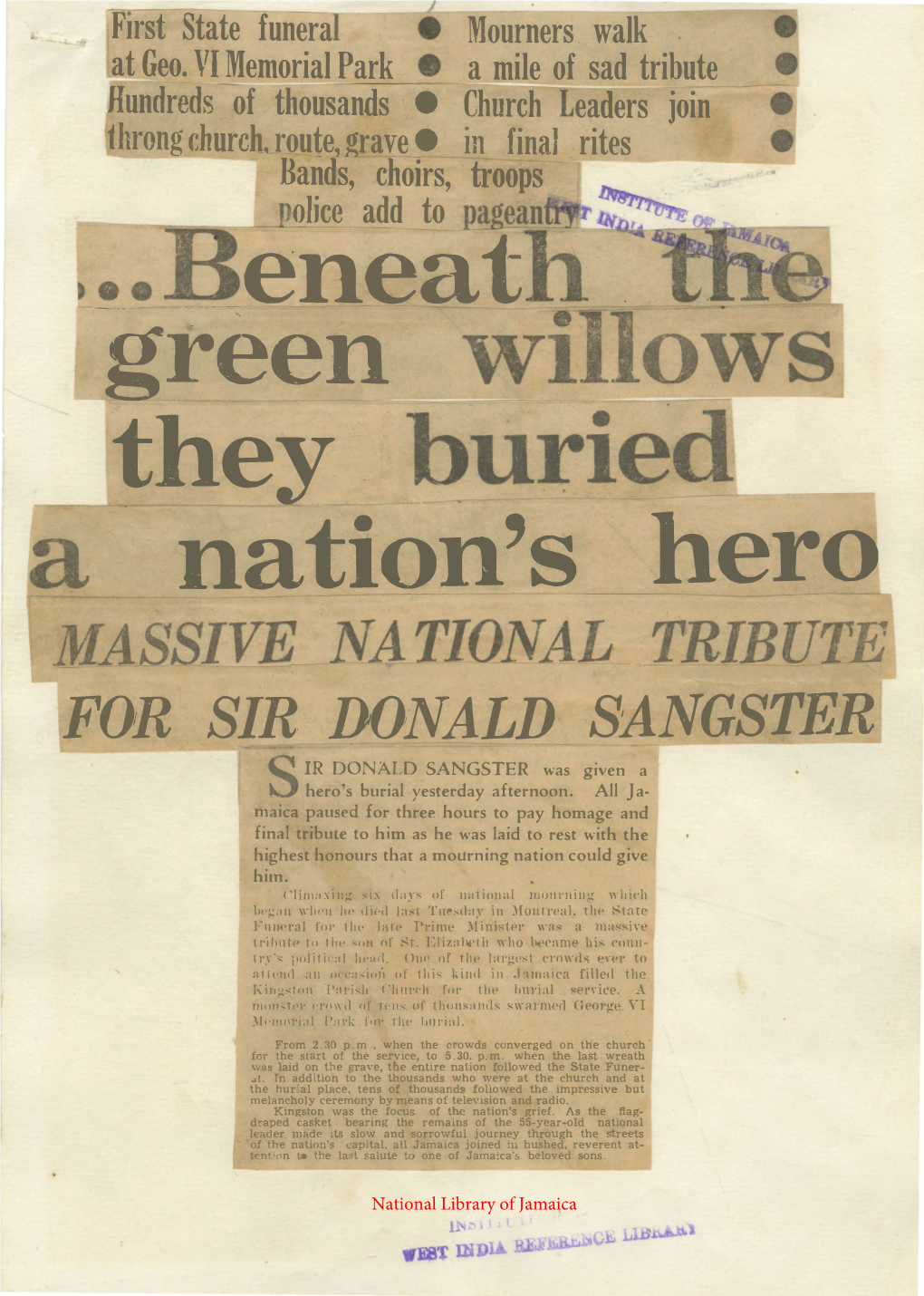 Beneath the Green Willows They Buried a Nations's Hero. Daily Gleaner