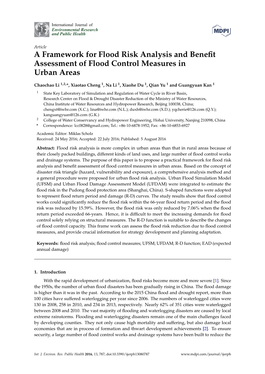 A Framework for Flood Risk Analysis and Benefit Assessment of Flood