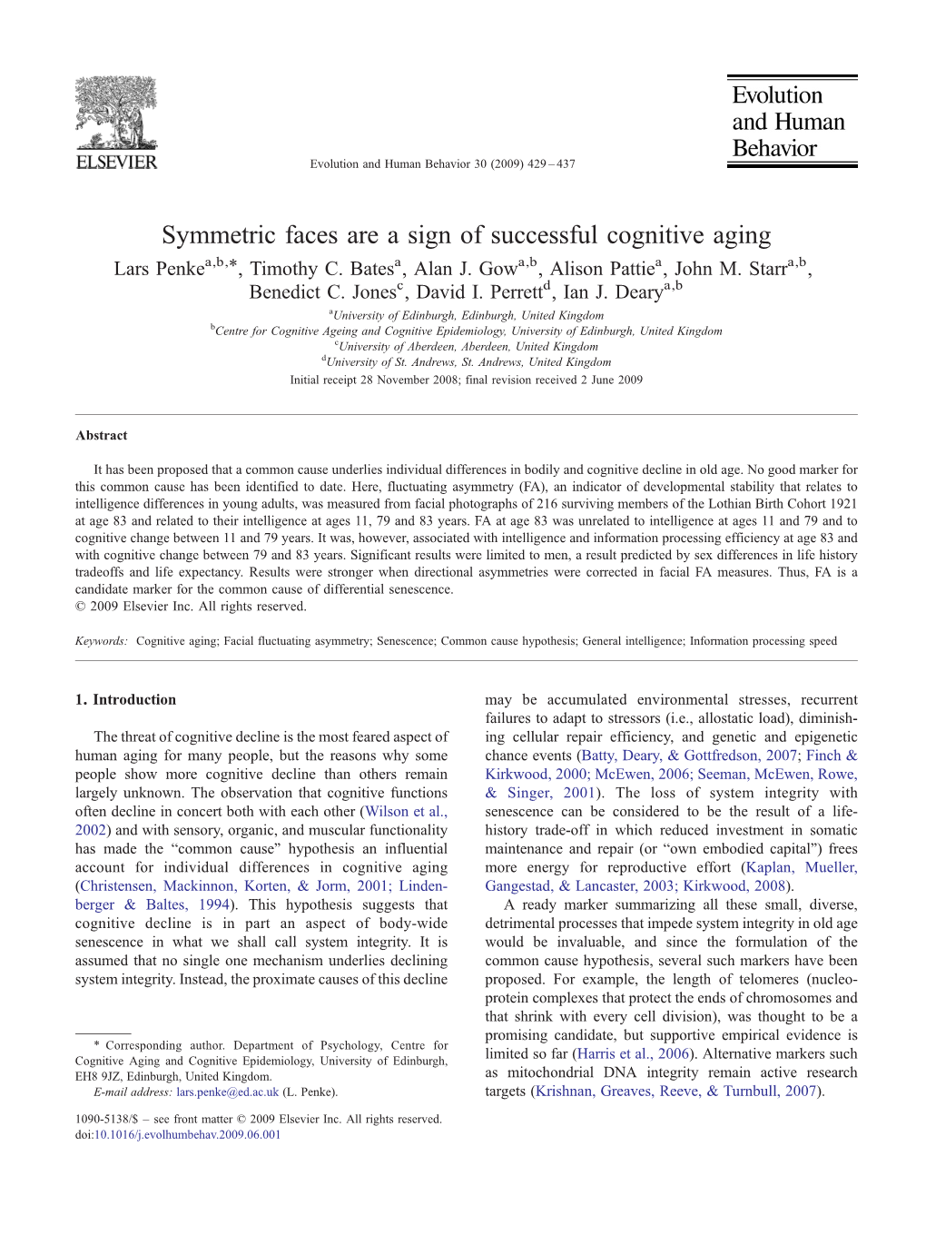 Symmetric Faces Are a Sign of Successful Cognitive Aging ⁎ Lars Penkea,B, , Timothy C