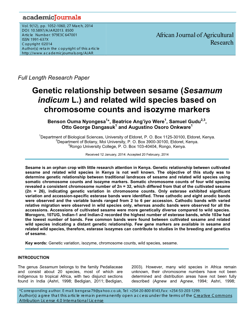 Genetic Relationship Between Sesame (Sesamum Indicum L.) and Related Wild Species Based on Chromosome Counts and Isozyme Markers