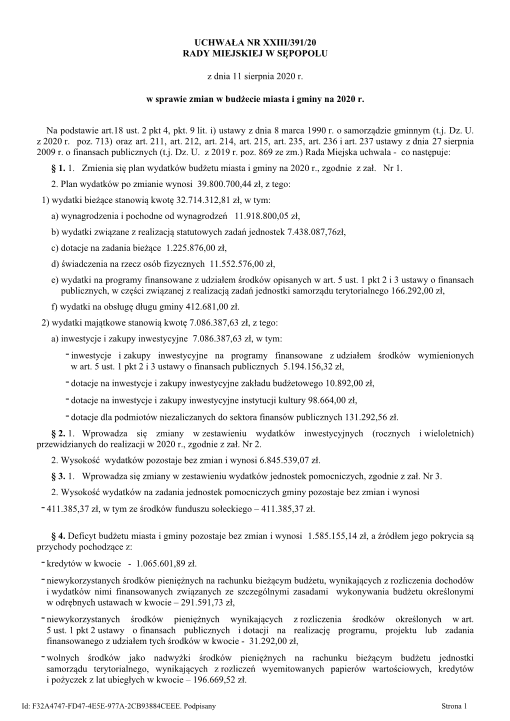 Uchwala Nr XXIII/391/20 Z Dnia 11 Sierpnia 2020 R