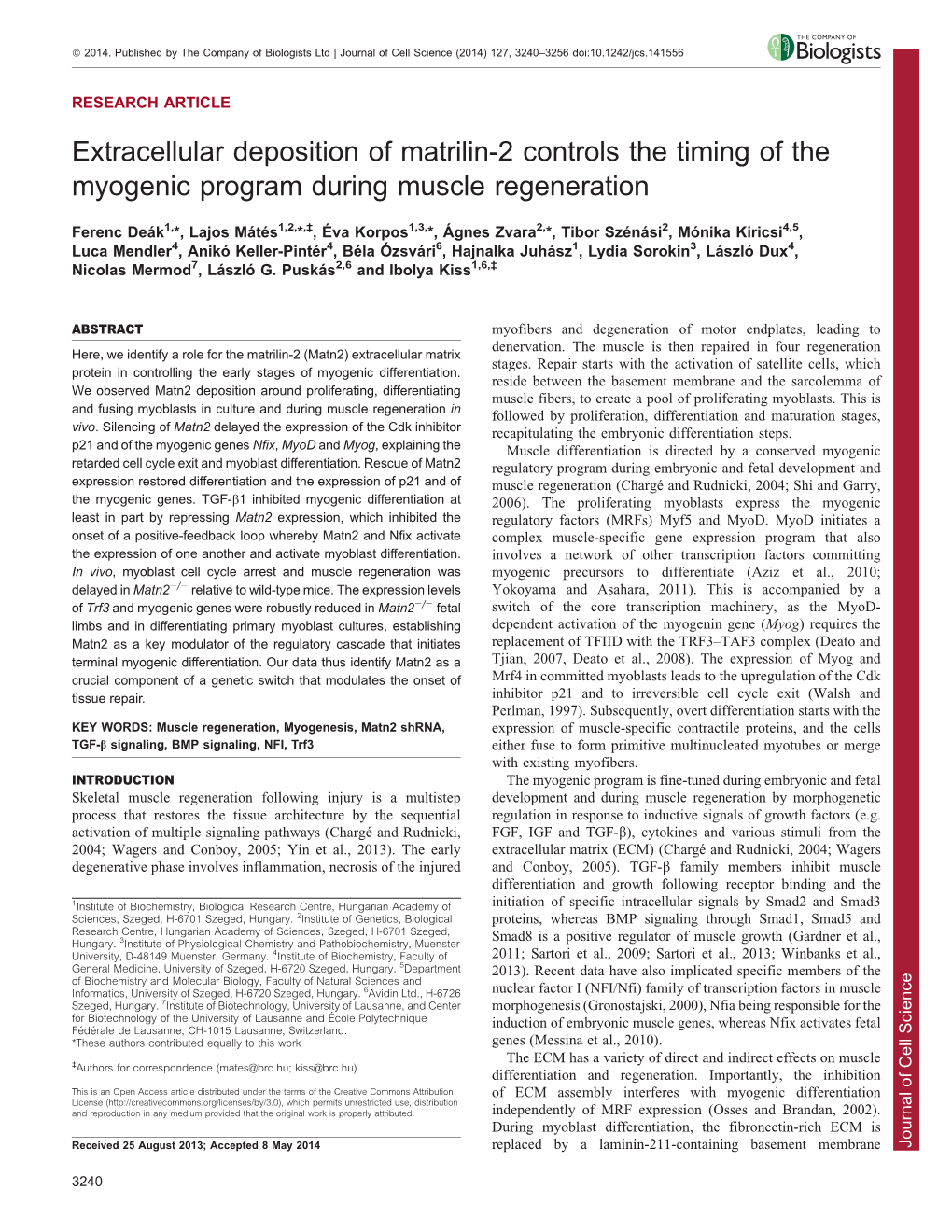 Extracellular Deposition of Matrilin-2 Controls the Timing of the Myogenic Program During Muscle Regeneration