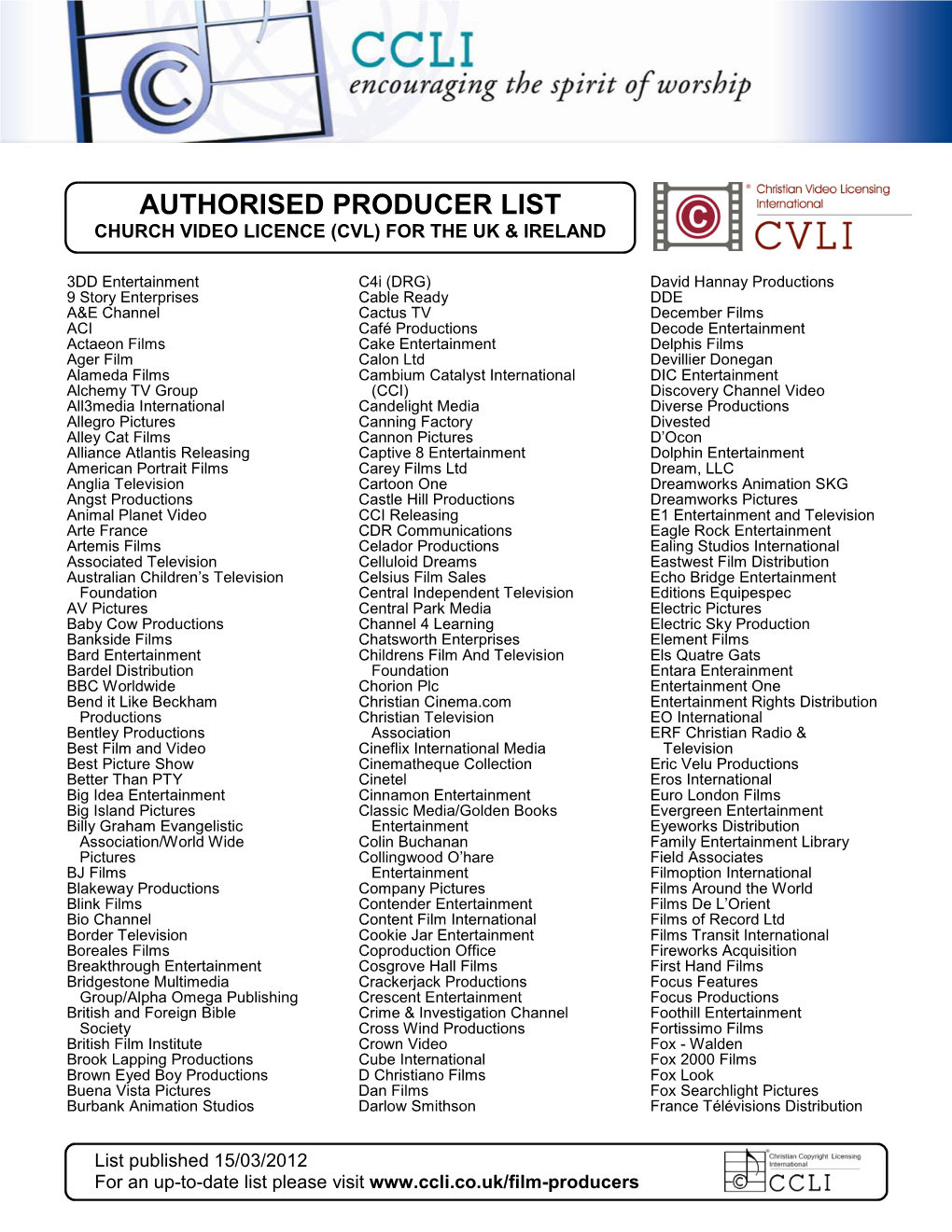 List of Cvli Producers for Uk