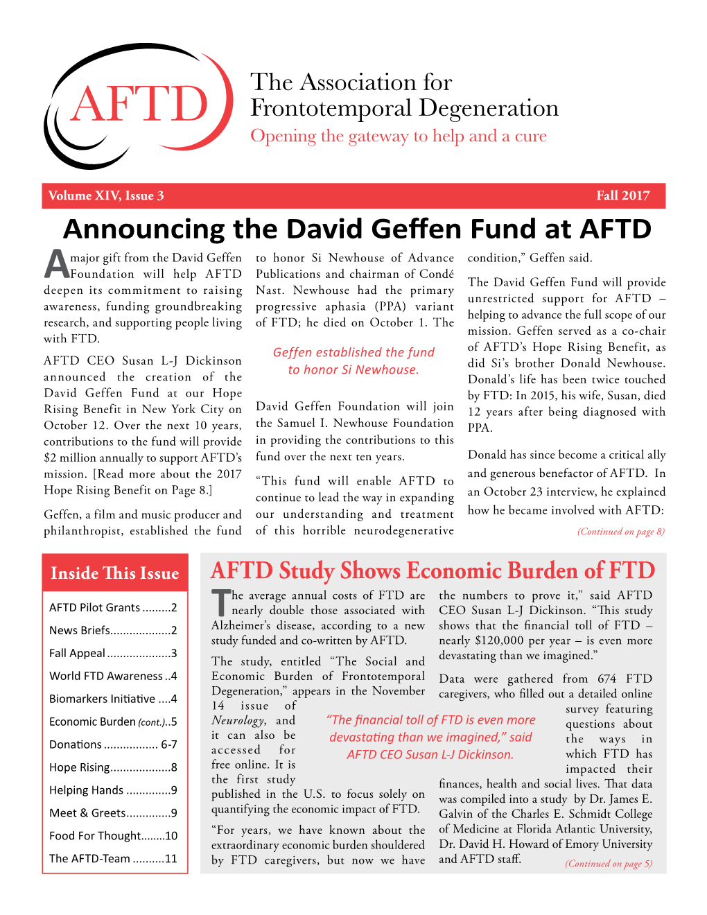 Announcing the David Geffen Fund at AFTD Major Gift from the David Geffen to Honor Si Newhouse of Advance Condition,” Geffen Said
