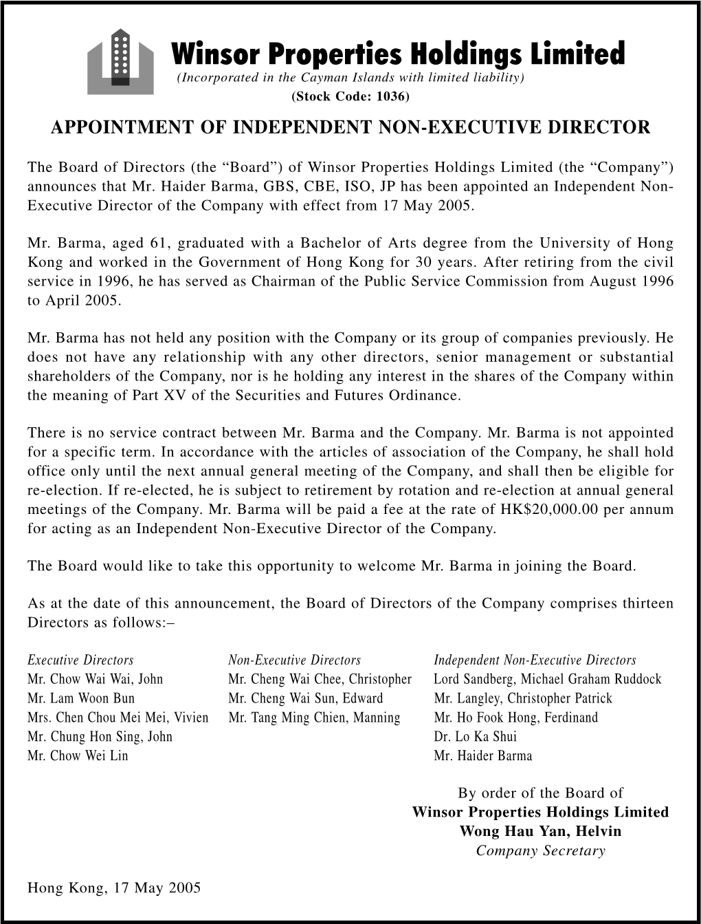 Appointment of Independent Non-Executive Director