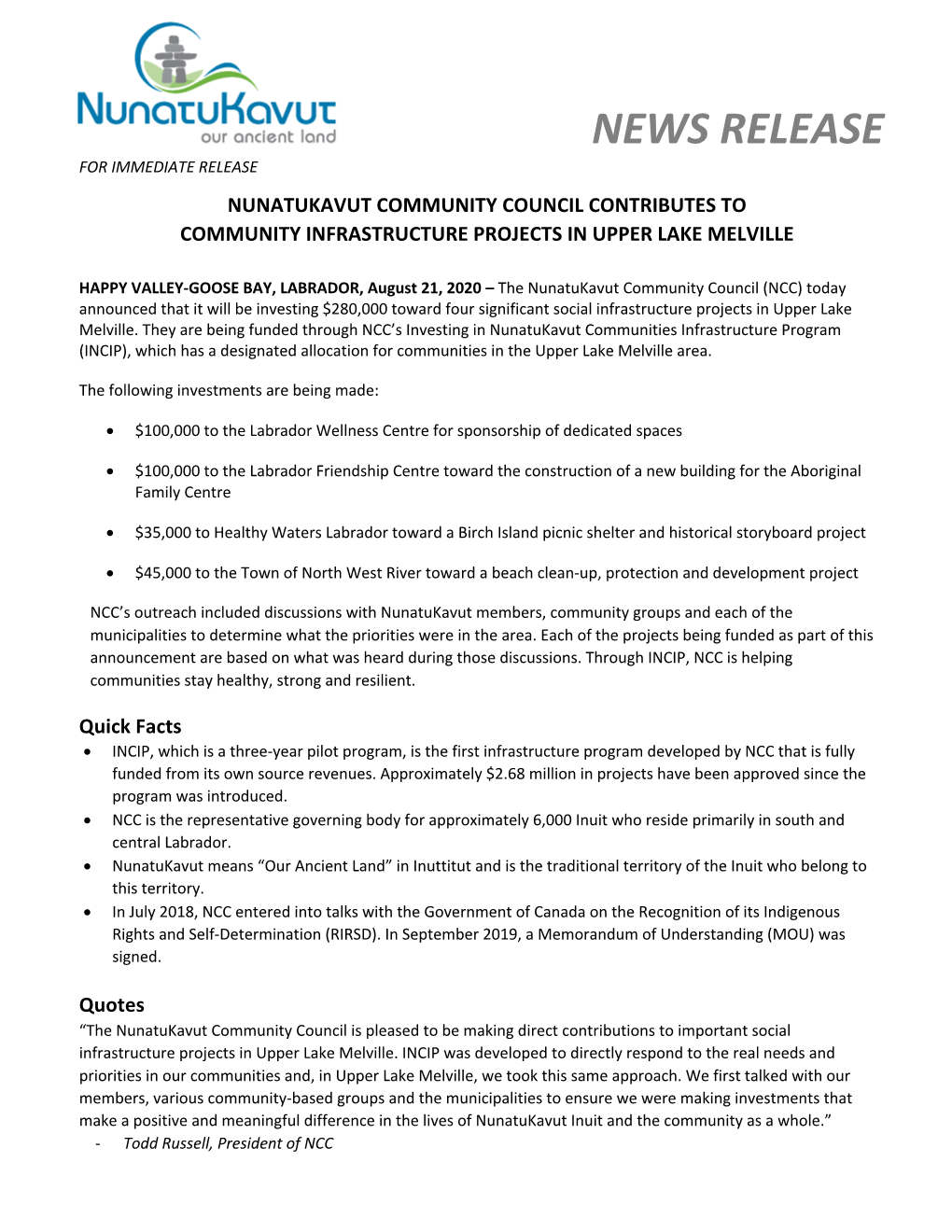 News Release for Immediate Release Nunatukavut Community Council Contributes to Community Infrastructure Projects in Upper Lake Melville