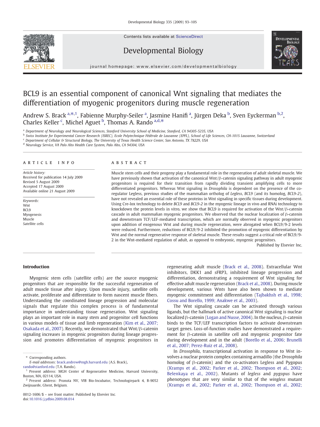 BCL9 Is an Essential Component of Canonical Wnt Signaling That Mediates the Differentiation of Myogenic Progenitors During Muscle Regeneration