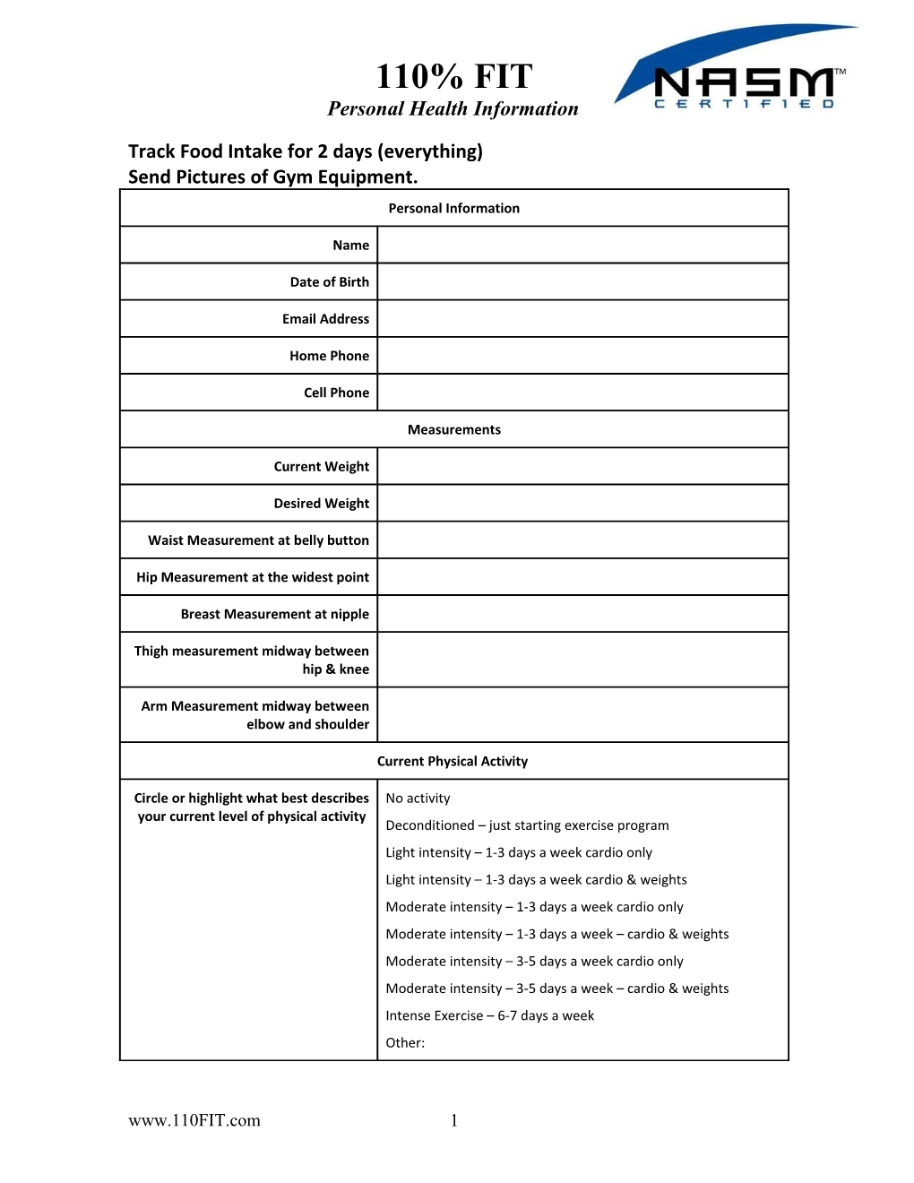 Fitness Goal Setting Form