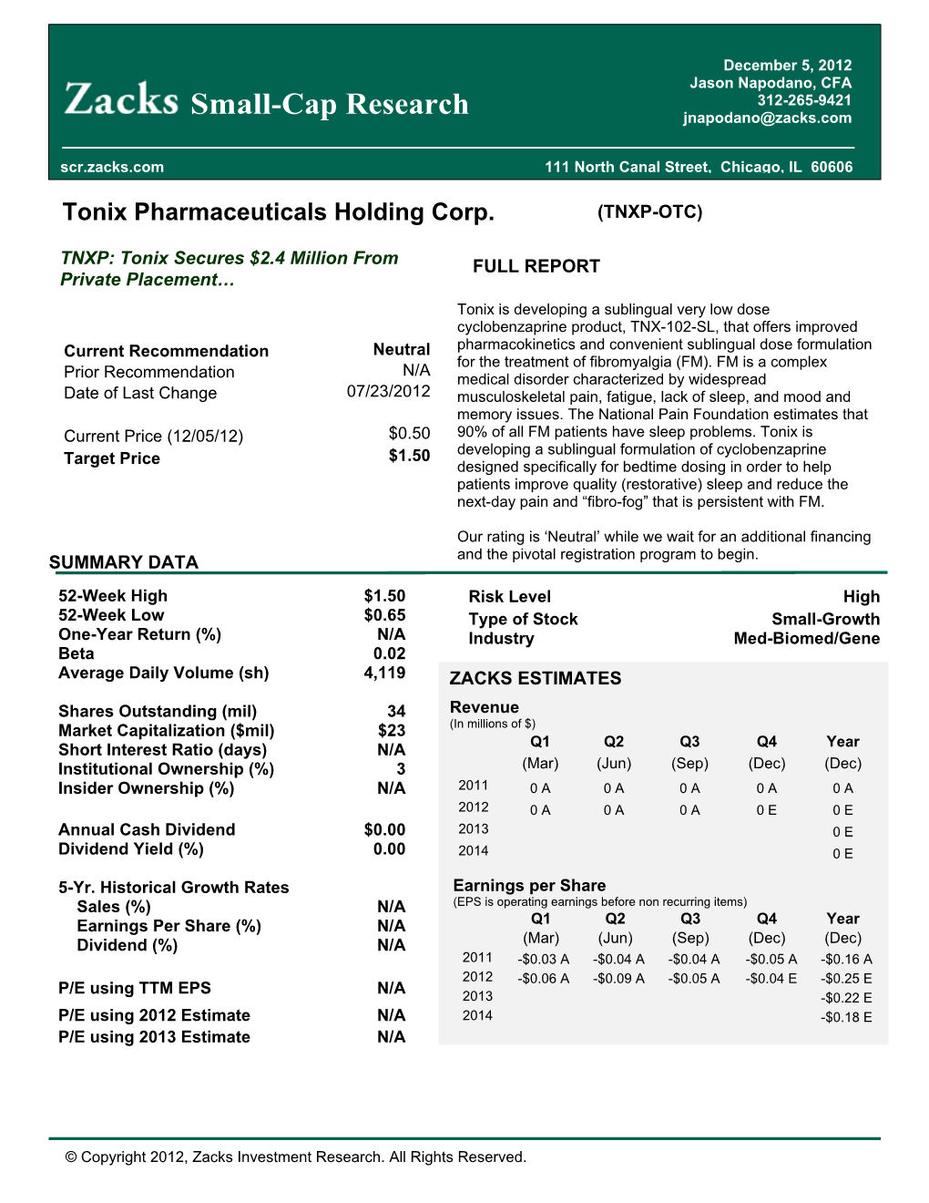 Tonix Pharmaceuticals Holding Corp. (TNXP-OTC)