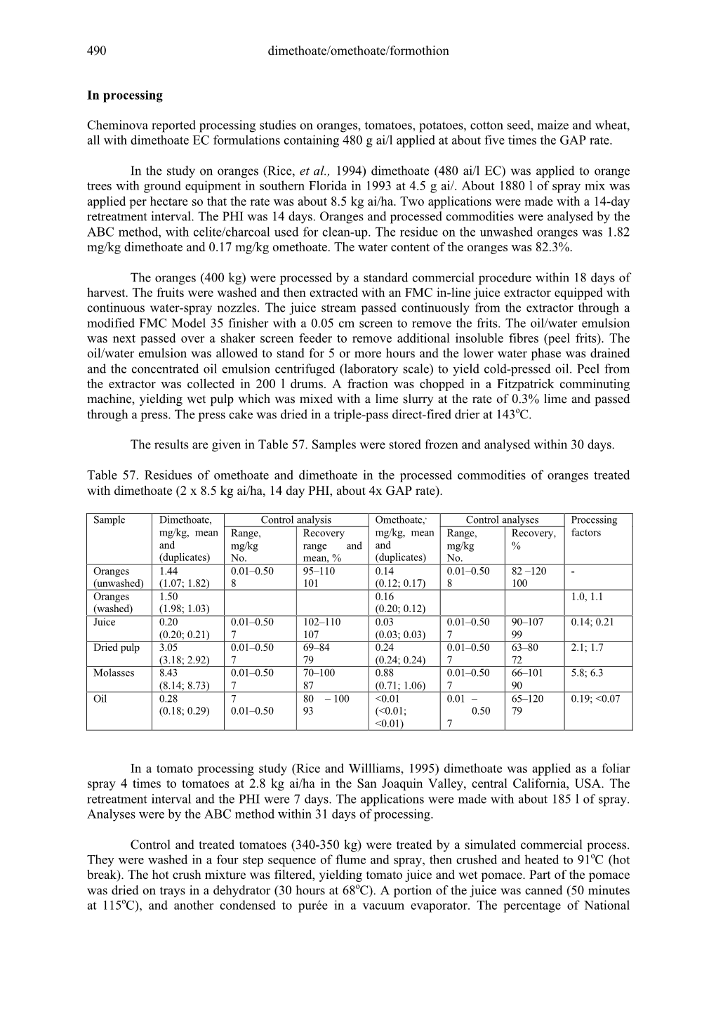 Dimethoate/Omethoate/Formothion 490 in Processing Cheminova Reported