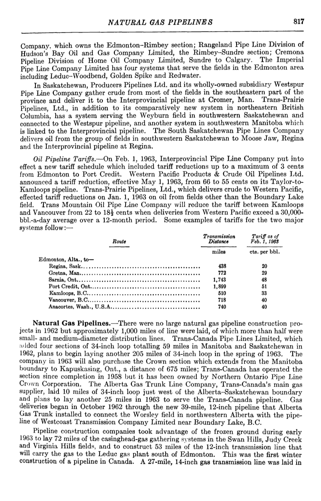 NATURAL GAS PIPELINES 817 Company, Which Owns the Edmonton-Rimbey Section; Rangeland Pipe Line Division of Hudson's Bay Oil