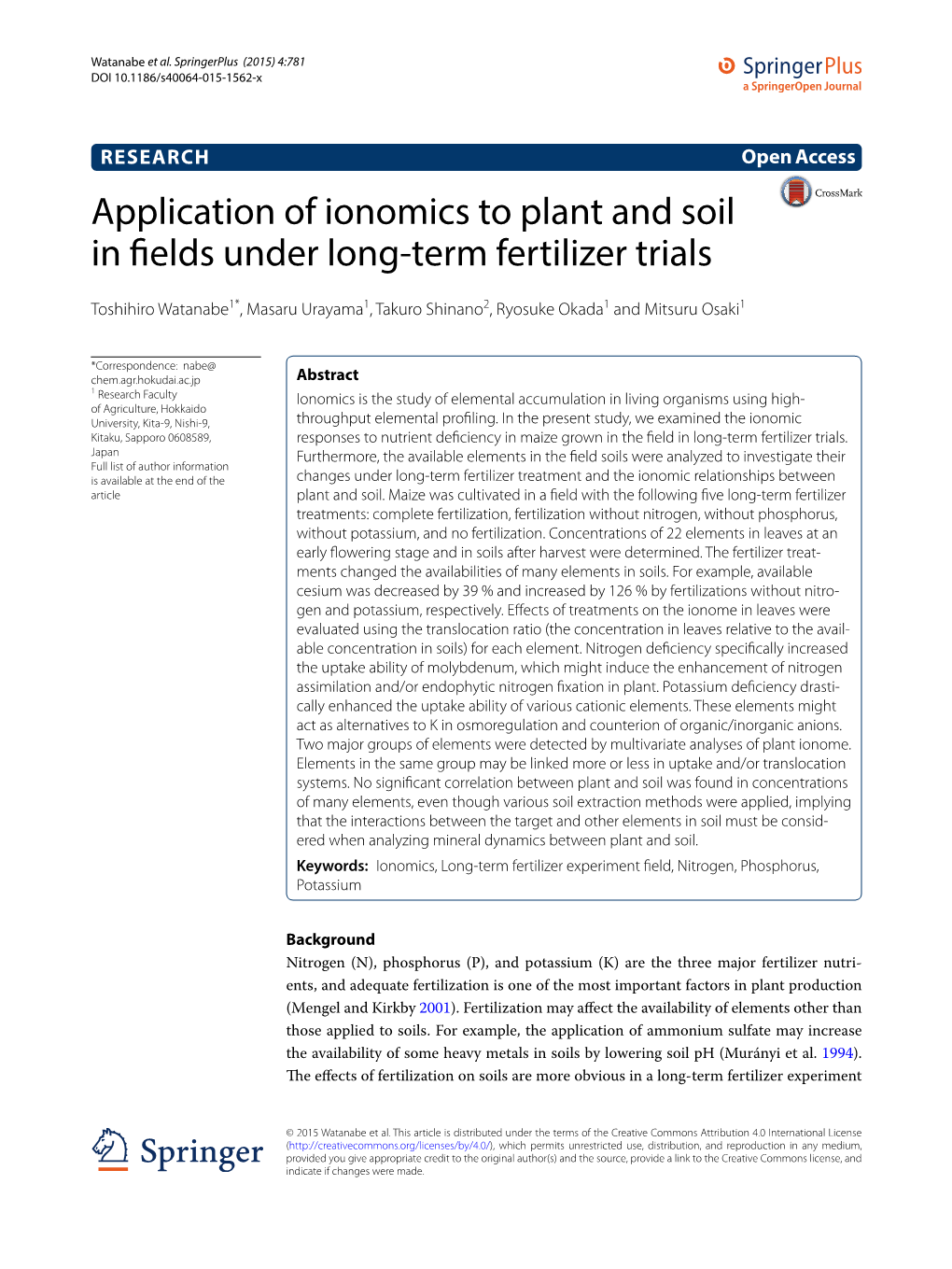 Application of Ionomics to Plant and Soil in Fields Under Long-Term