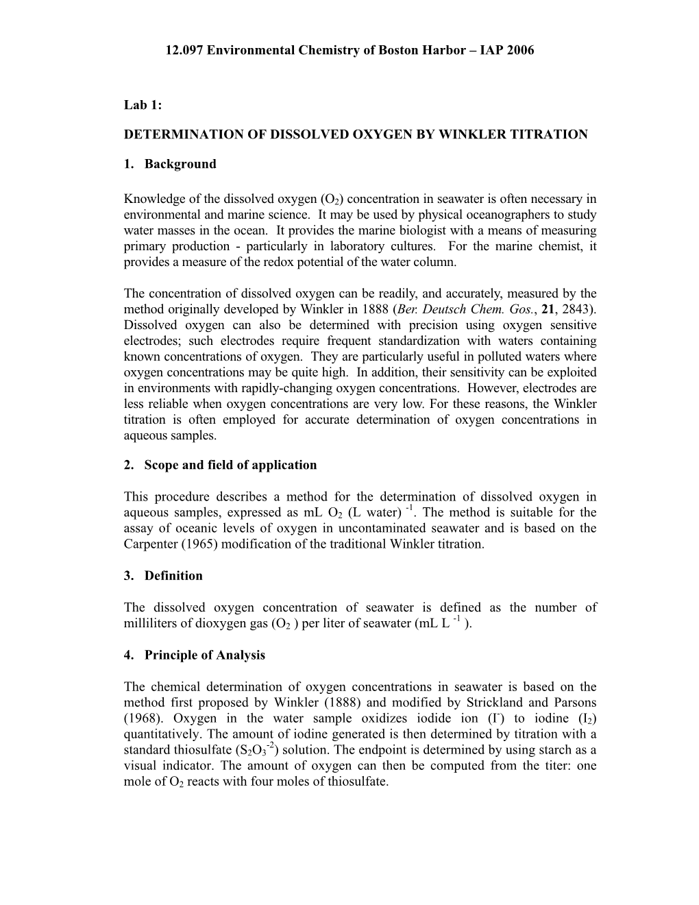 Determination of Dissolved Oxygen by Winkler Titration