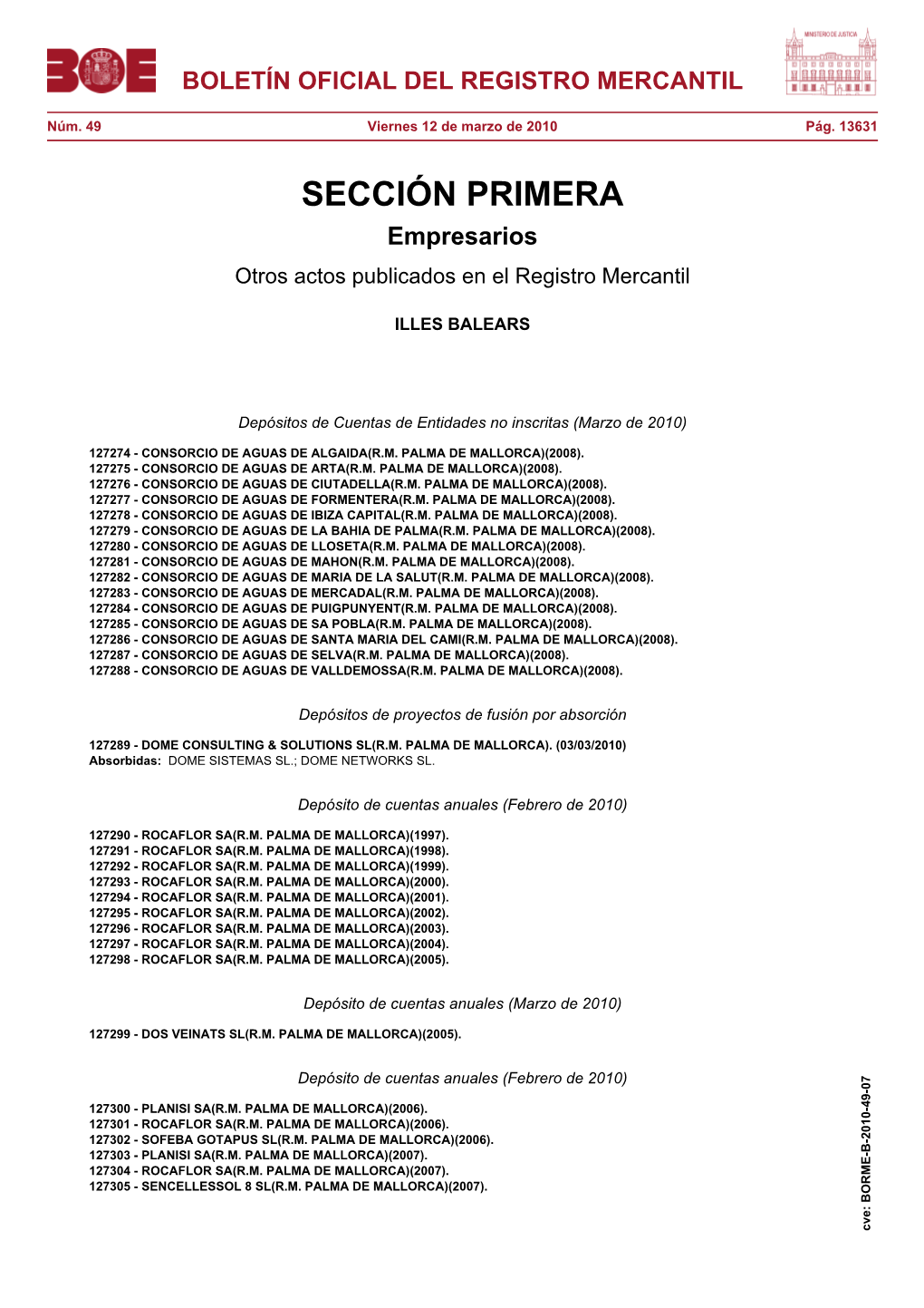 Actos De ILLES BALEARS Del BORME Núm. 49 De 2010