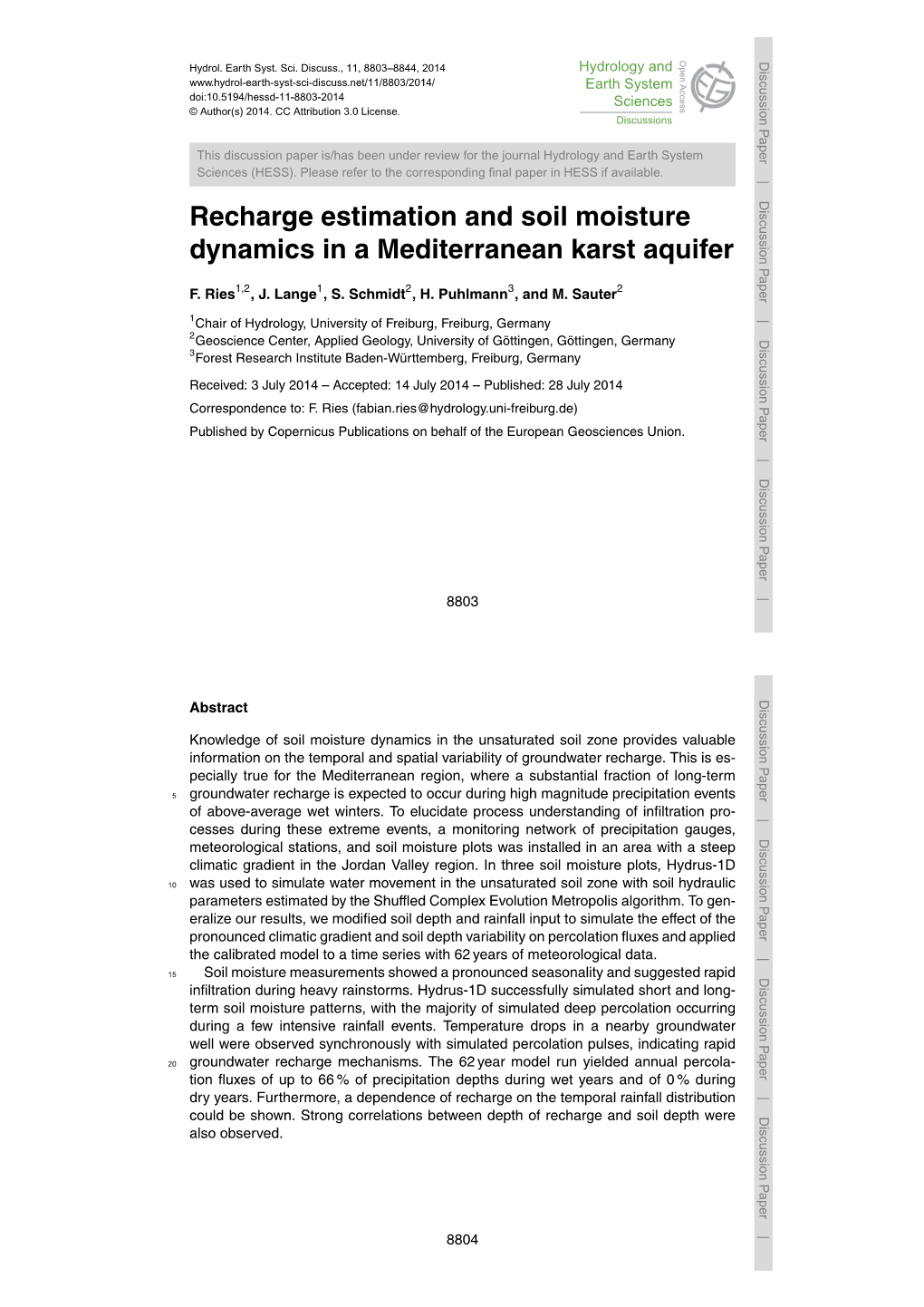 Recharge Estimation and Soil Moisture Dynamics in a Mediterranean Karst Aquifer F