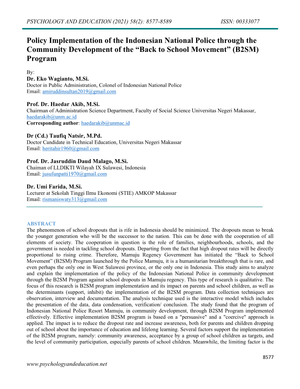 Policy Implementation of the Indonesian National Police Through the Community Development of the “Back to School Movement” (B2SM) Program