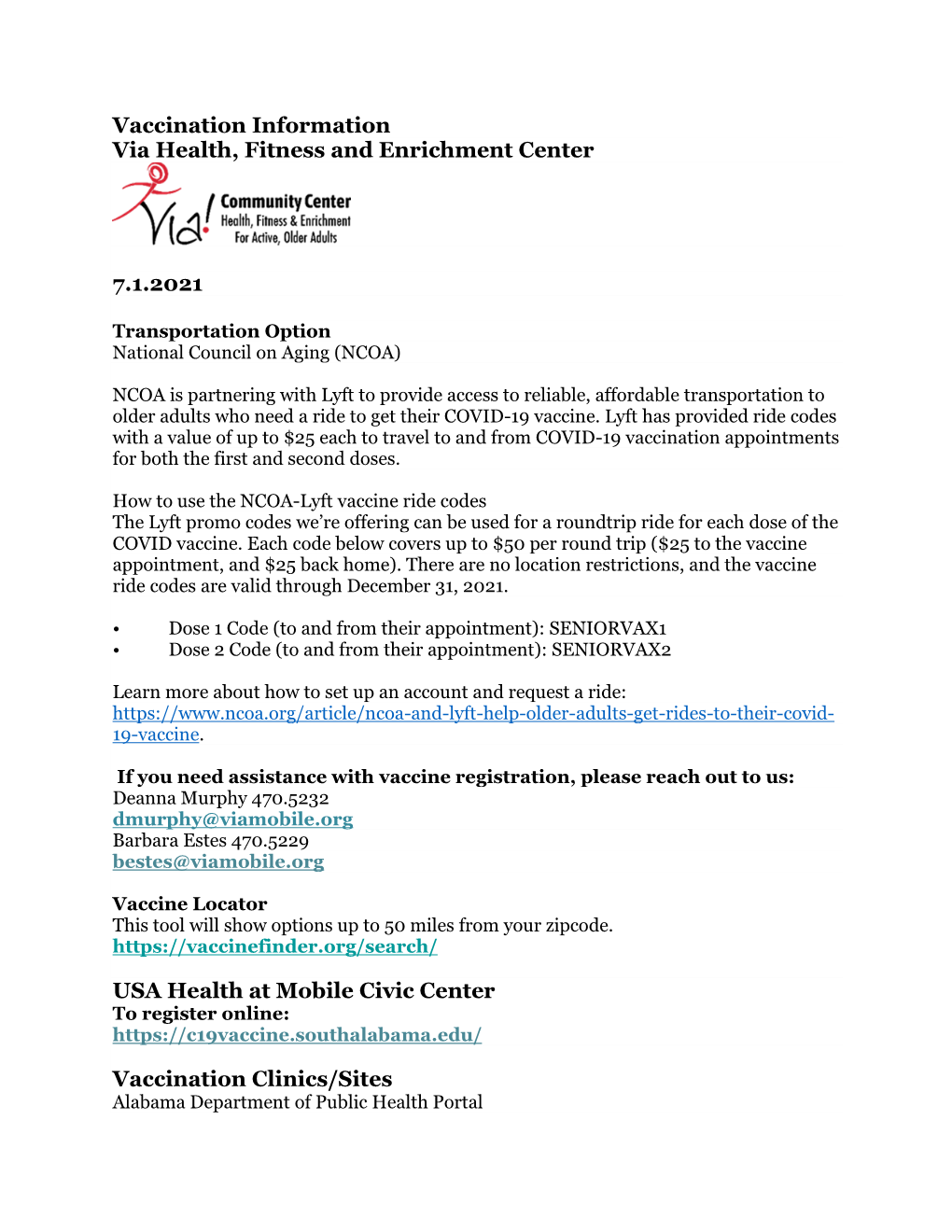 Vaccination Information Via Health, Fitness and Enrichment Center 7.1