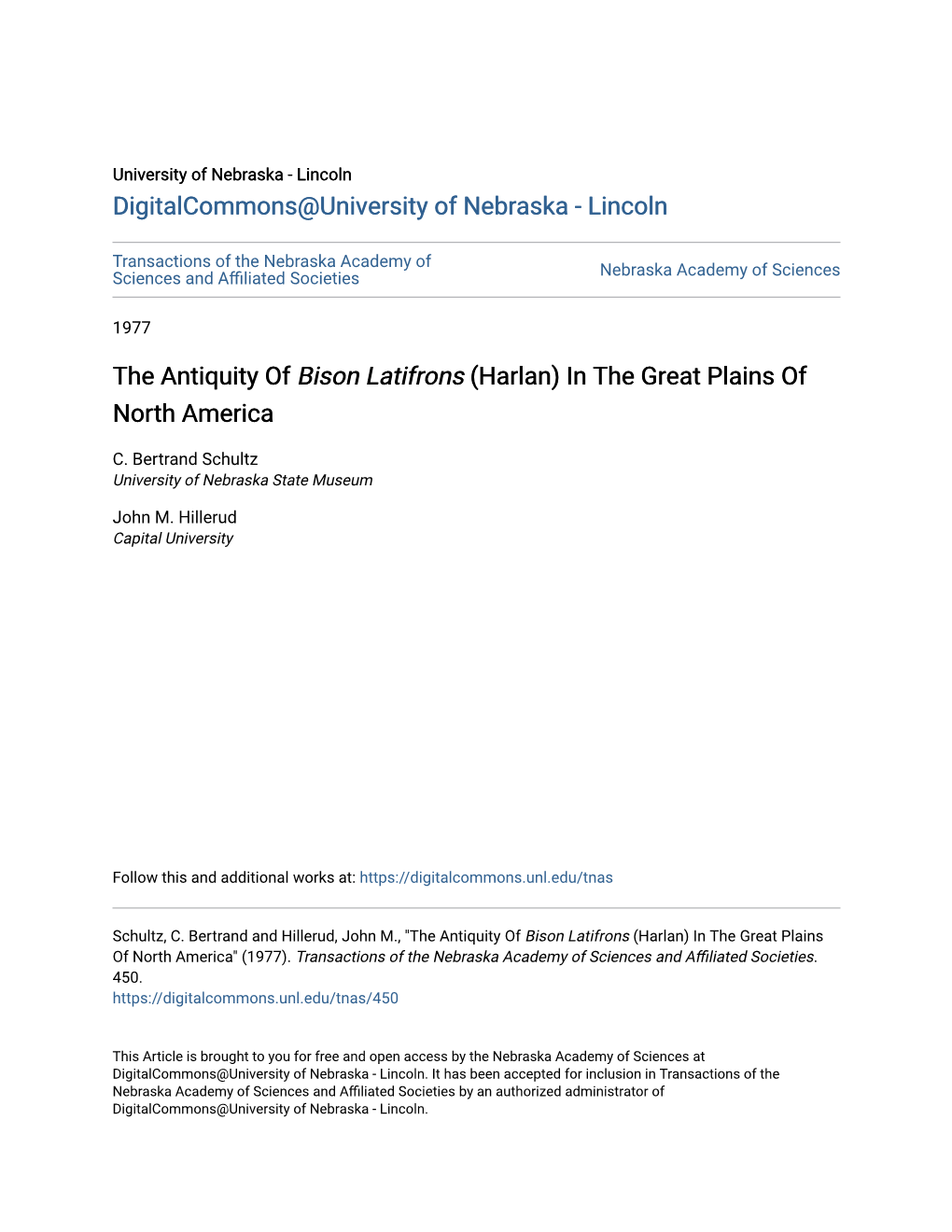 The Antiquity of Bison Latifrons (Harlan) in the Great Plains of North America